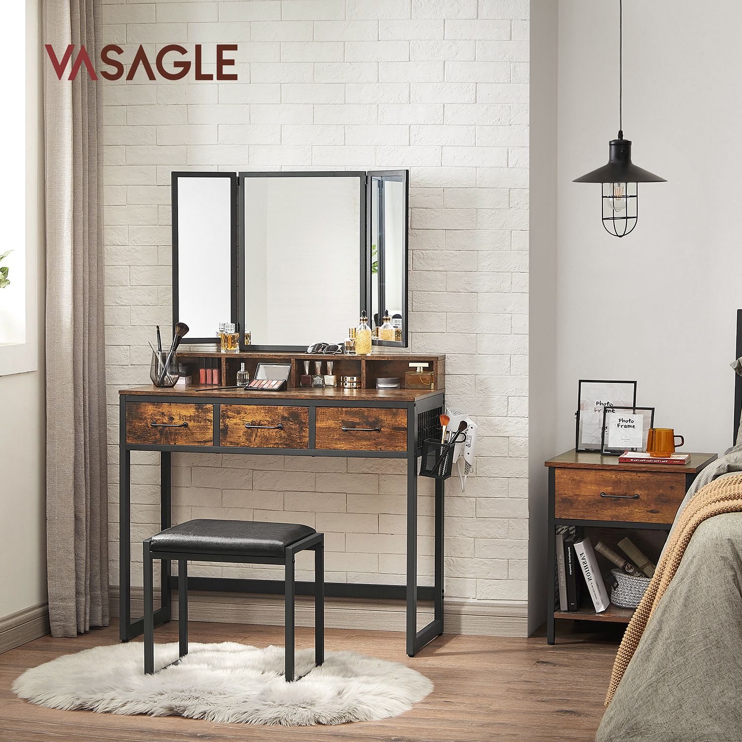 Dressing Table - Wood - Tri-Fold Mirror with 3 Drawers and Hair Dryer Holder