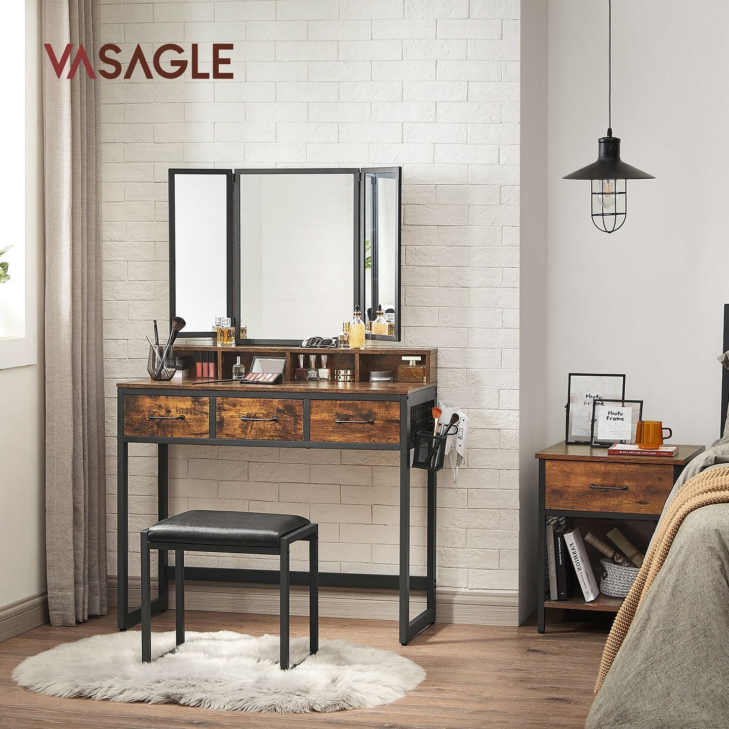 Dressing Table - Wood - Tri-Fold Mirror with 3 Drawers and Hair Dryer Holder