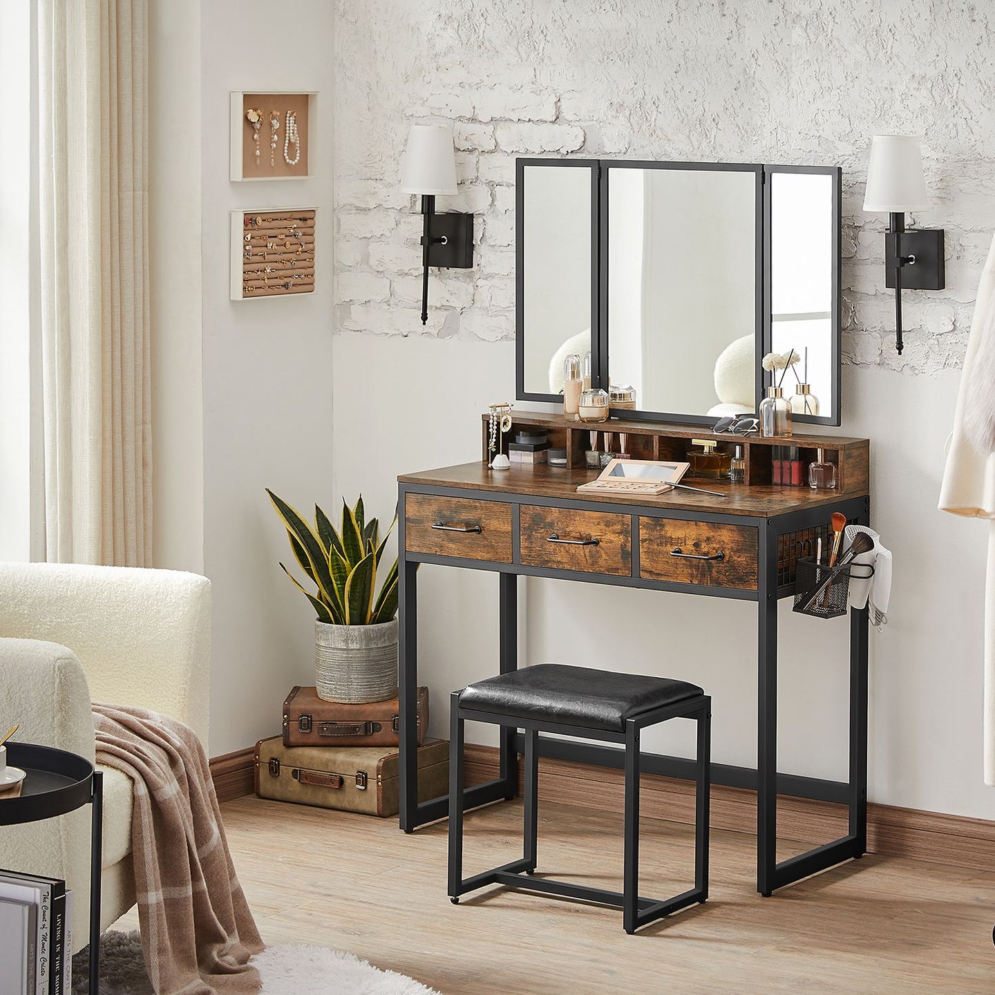 Dressing Table - Wood - Tri-Fold Mirror with 3 Drawers and Hair Dryer Holder