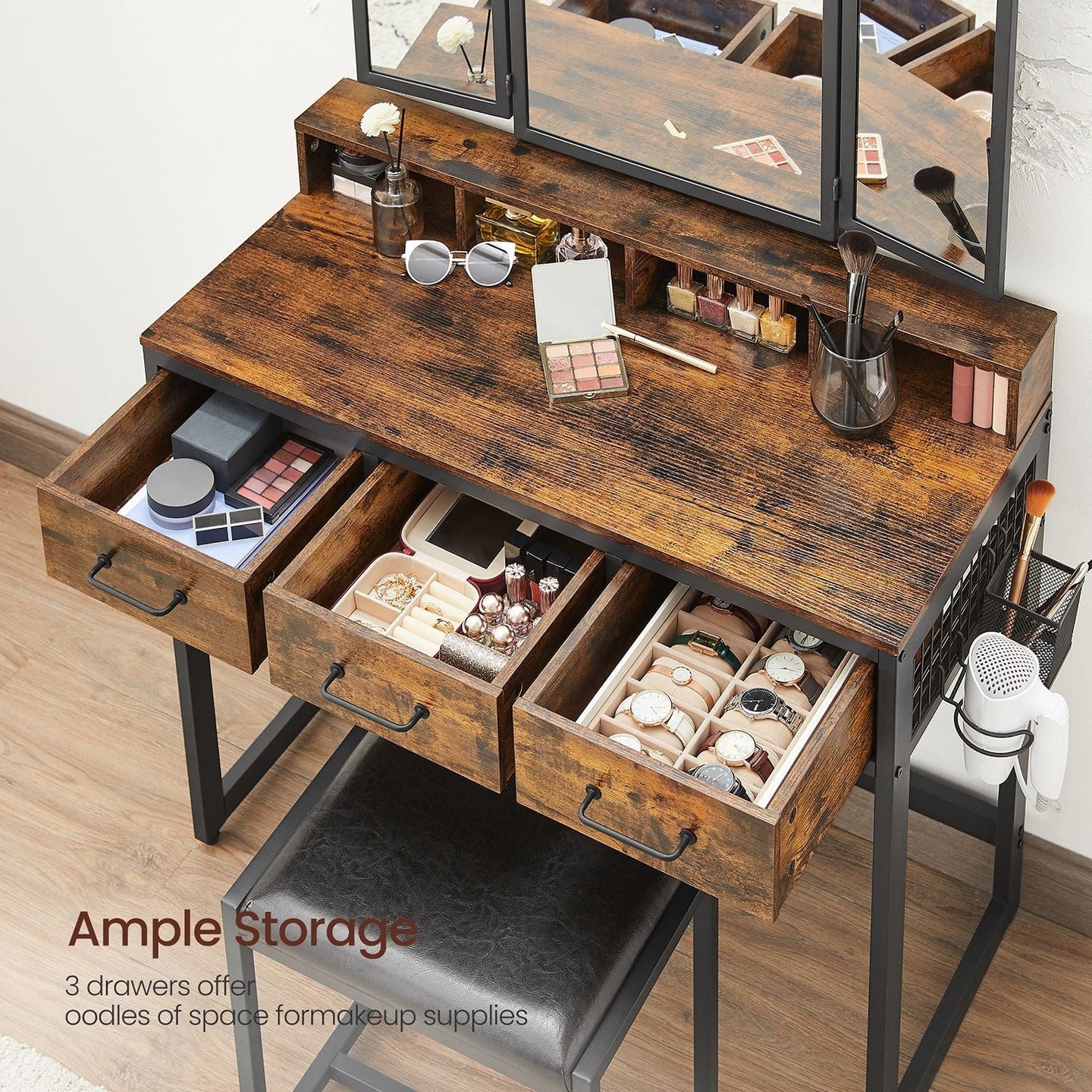 Dressing Table - Wood - Tri-Fold Mirror with 3 Drawers and Hair Dryer Holder
