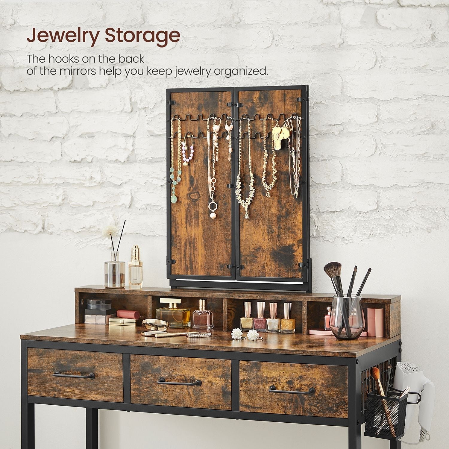 Dressing Table - Wood - Tri-Fold Mirror with 3 Drawers and Hair Dryer Holder