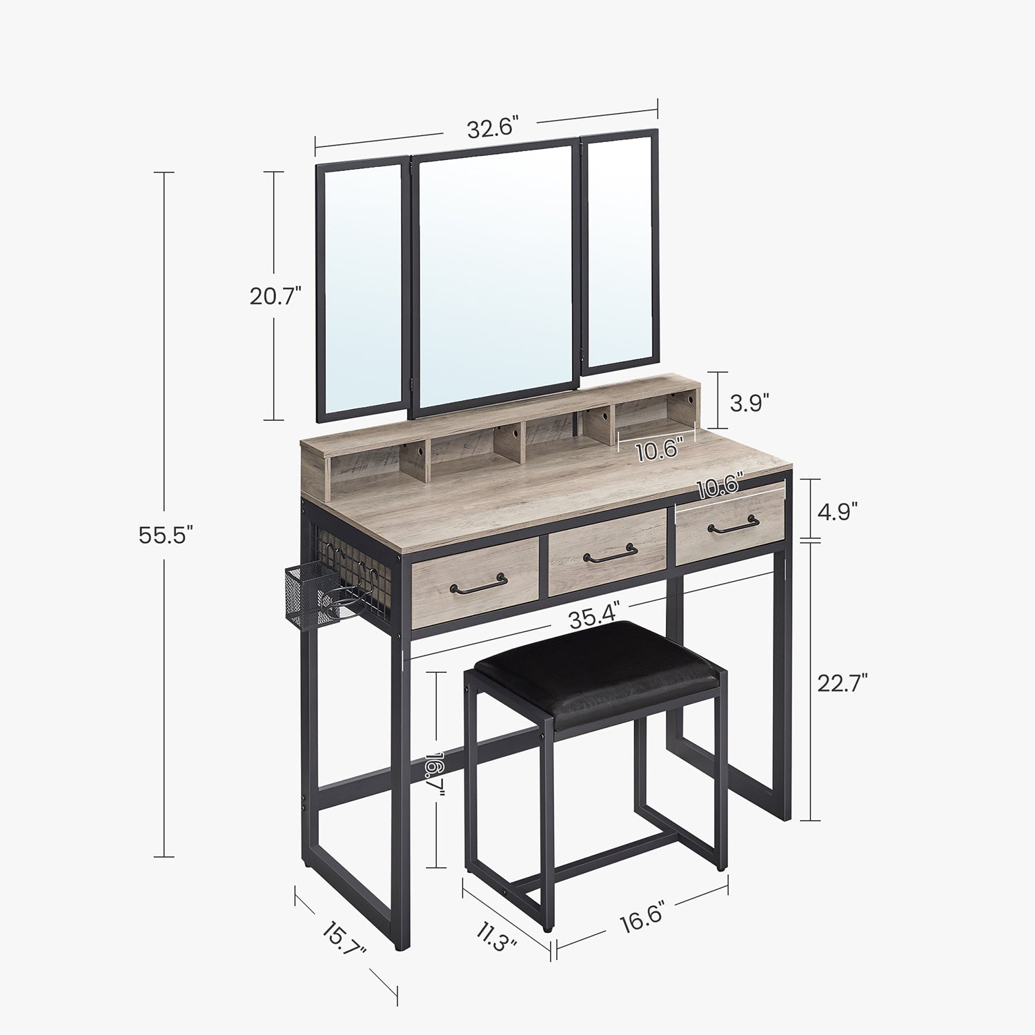 Dressing Table - Wood - Tri-Fold Mirror