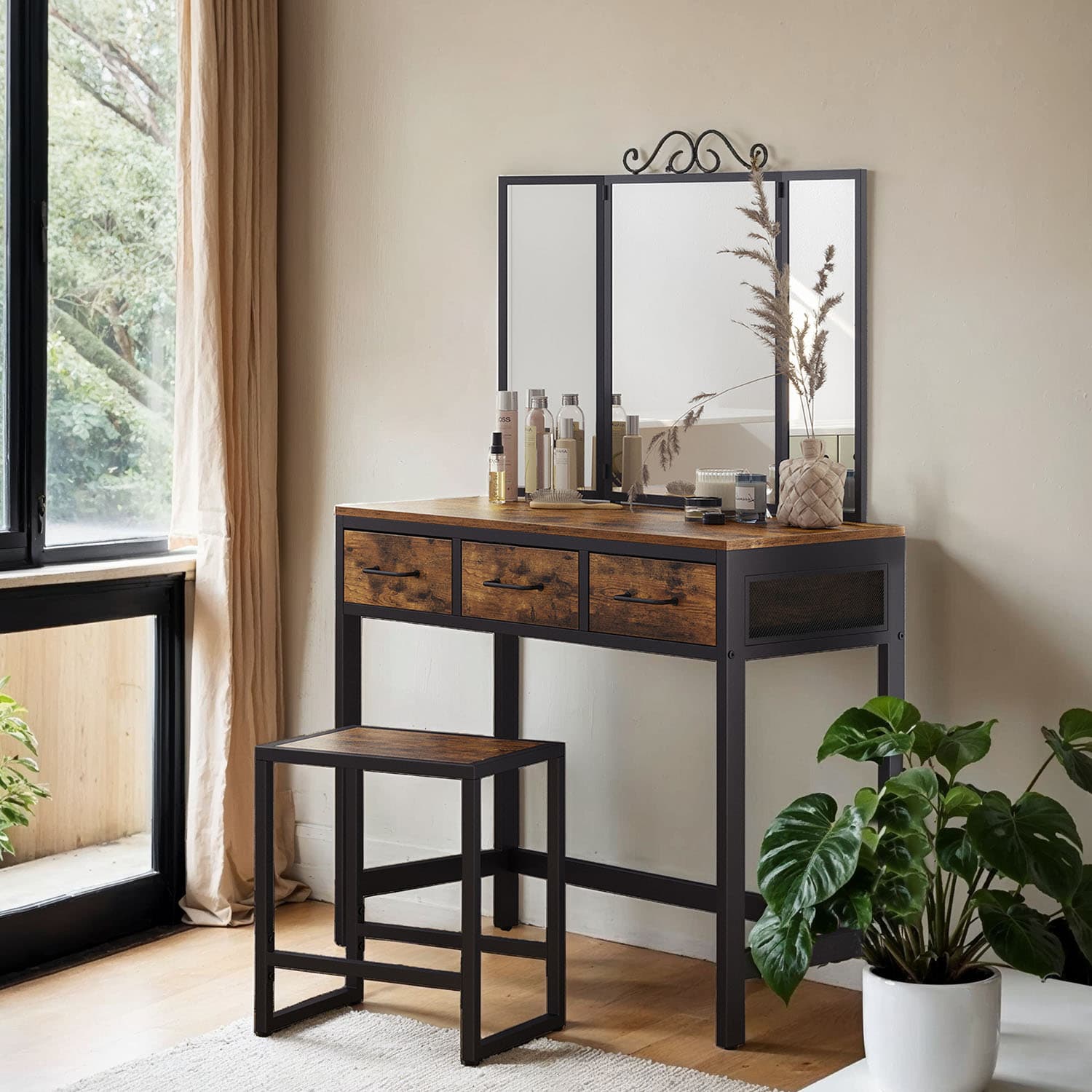 Dressing Table Set - Steel Frame - Rustic Brown and Black - Triple Fold Mirror with 3 Drawers