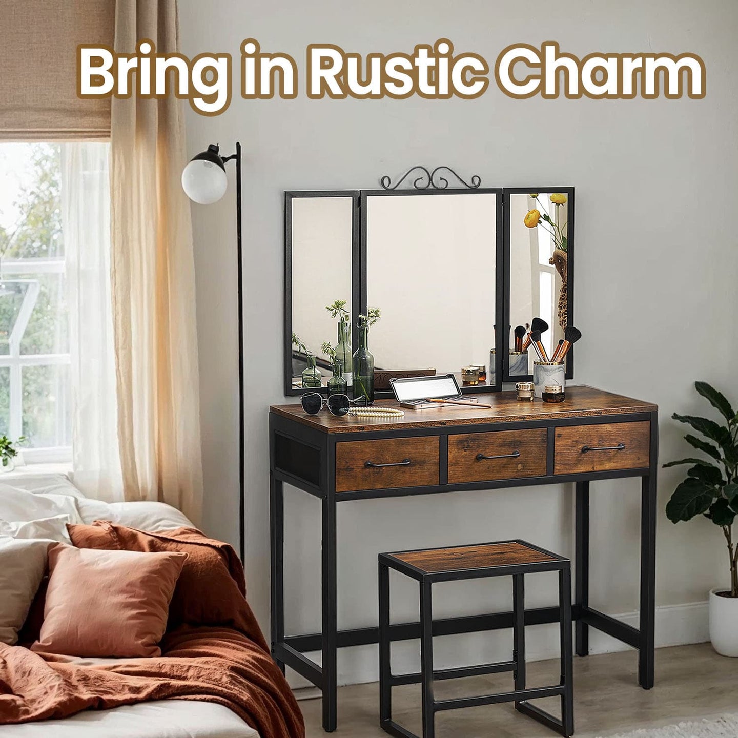 Dressing Table Set - Steel Frame - Rustic Brown and Black - Triple Fold Mirror with 3 Drawers
