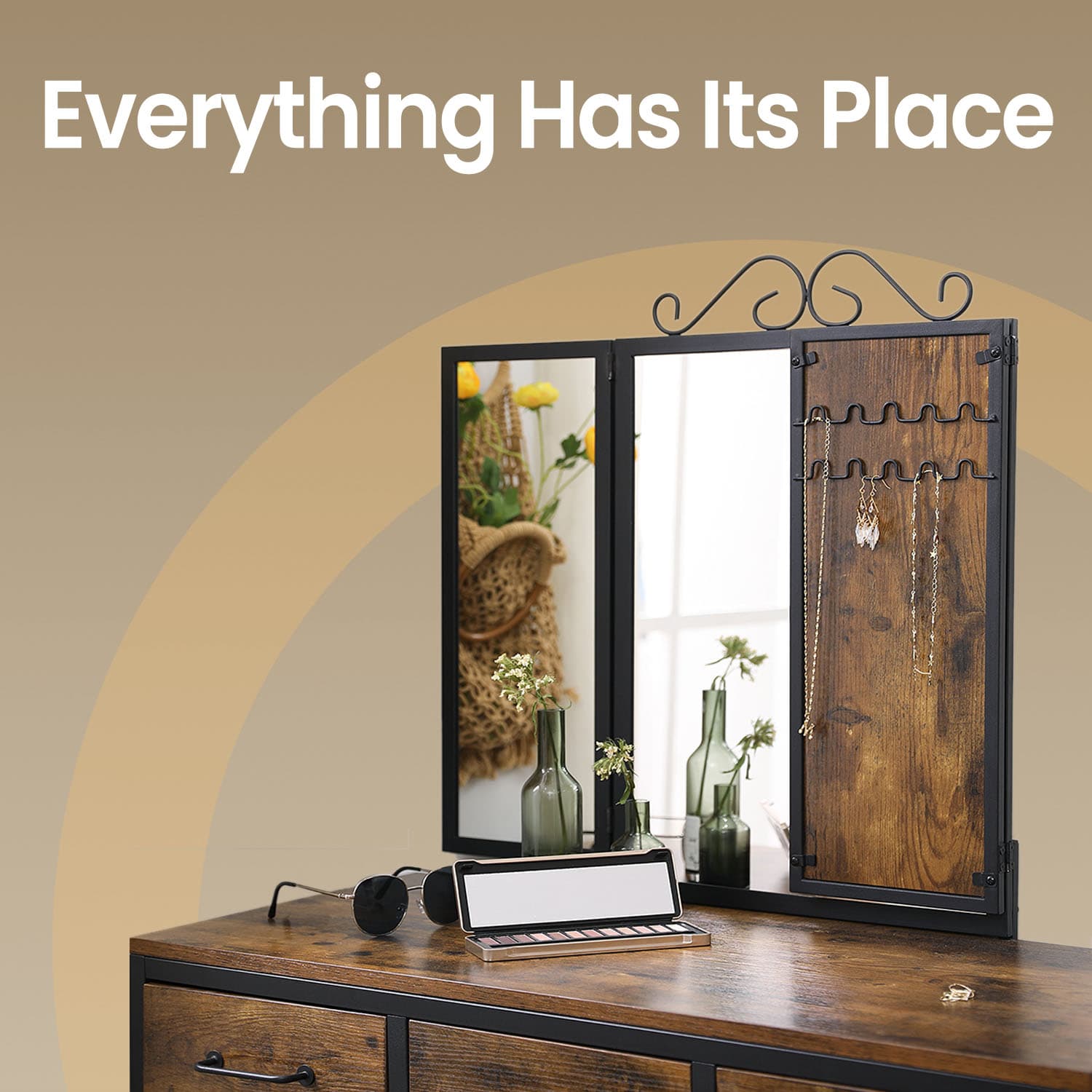 Dressing Table Set - Steel Frame - Rustic Brown and Black - Triple Fold Mirror with 3 Drawers