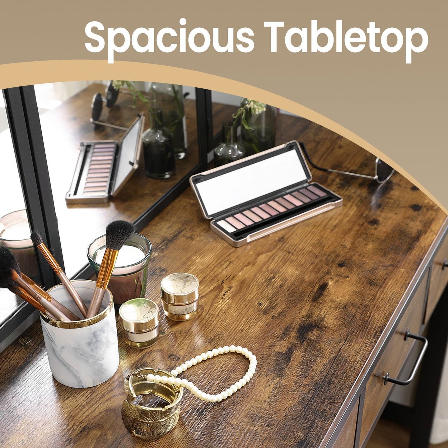 Dressing Table Set - Steel Frame - Rustic Brown and Black - Triple Fold Mirror with 3 Drawers