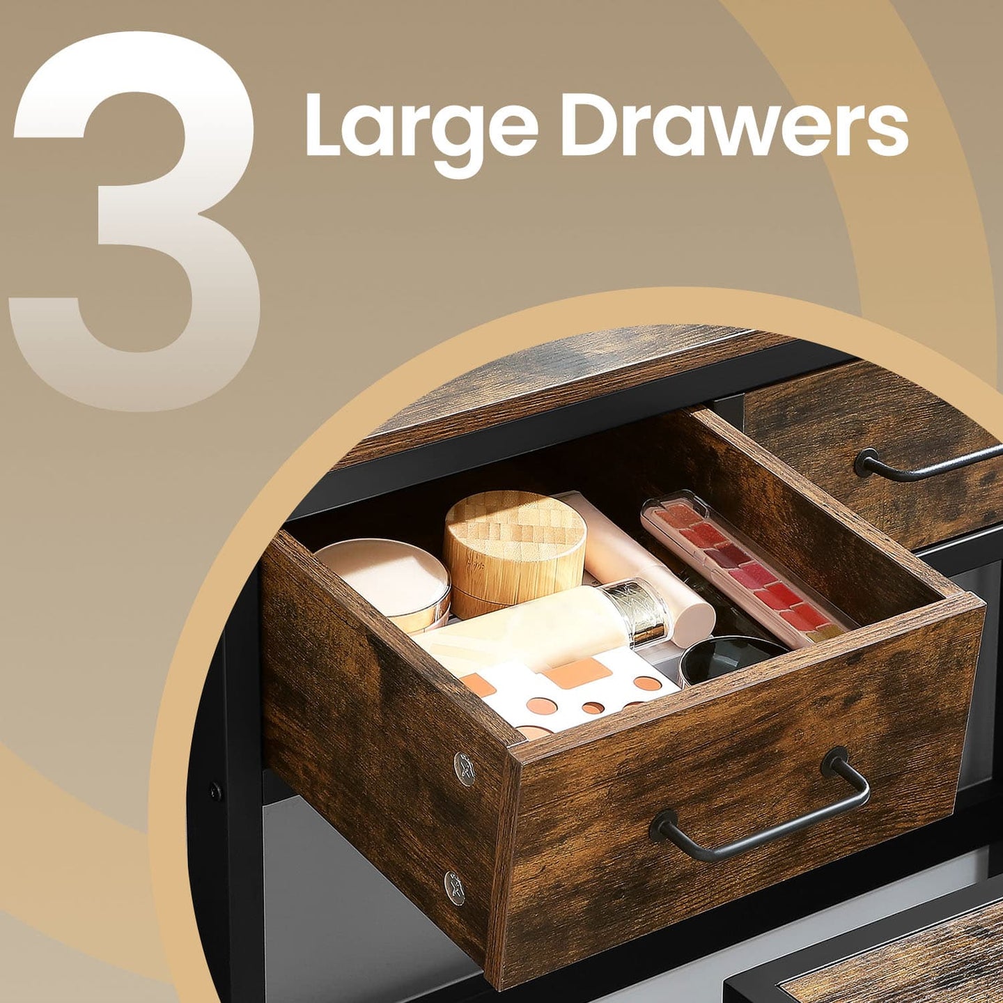 Dressing Table Set - Steel Frame - Rustic Brown and Black - Triple Fold Mirror with 3 Drawers