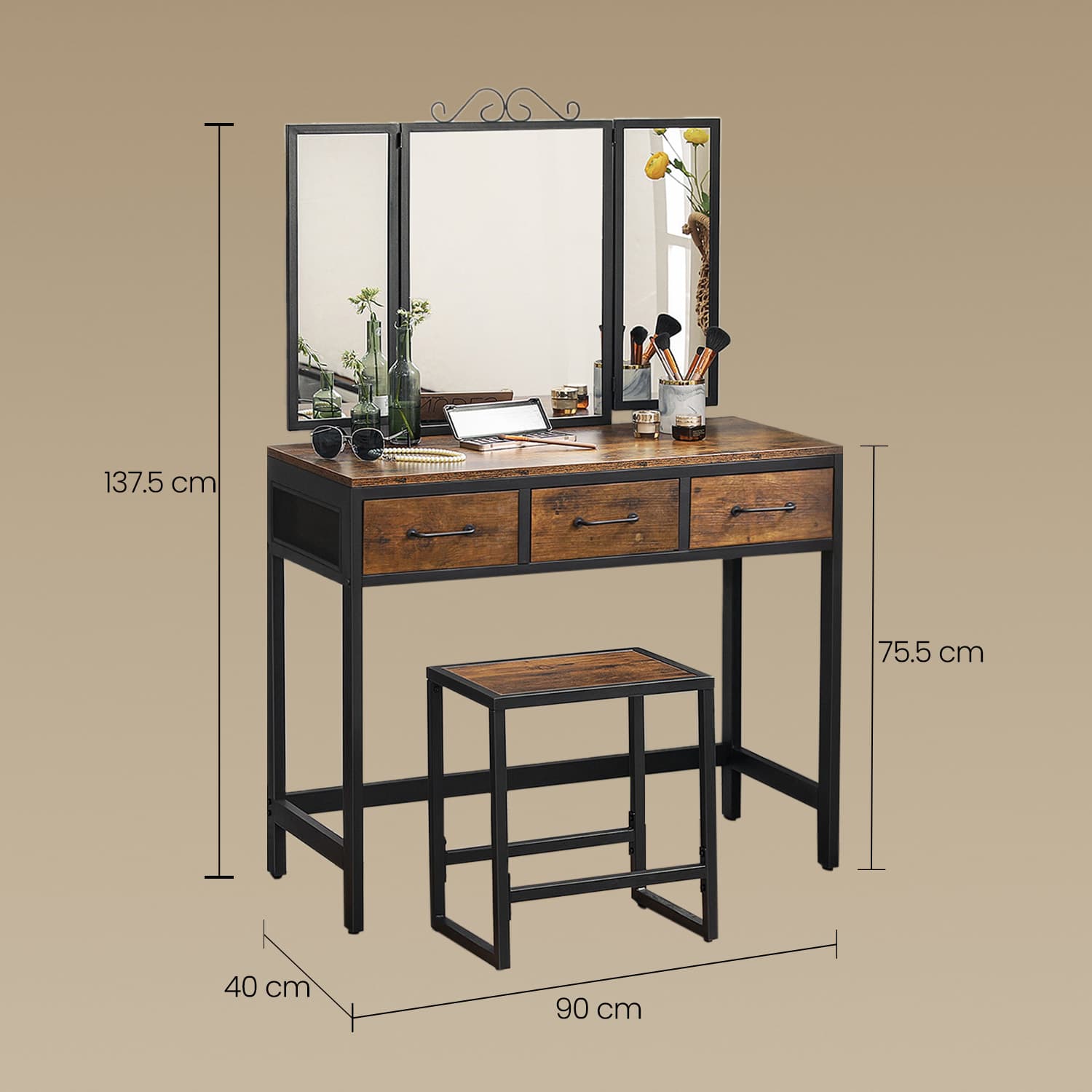 Dressing Table Set - Steel Frame - Rustic Brown and Black - Triple Fold Mirror with 3 Drawers