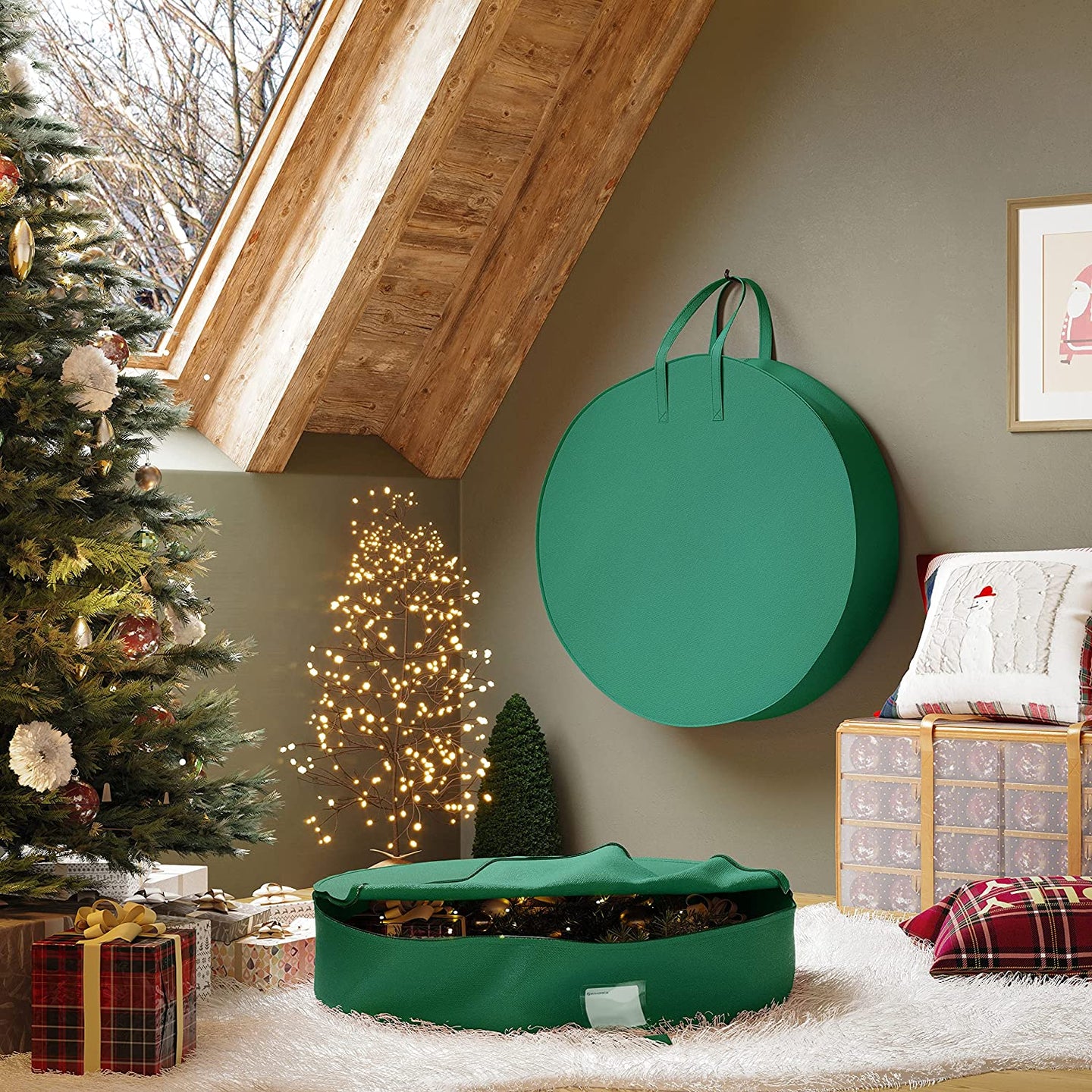 Set of 2 Wreath Storage Bags - Fabric - Green - Dustproof with Divider and Pocket