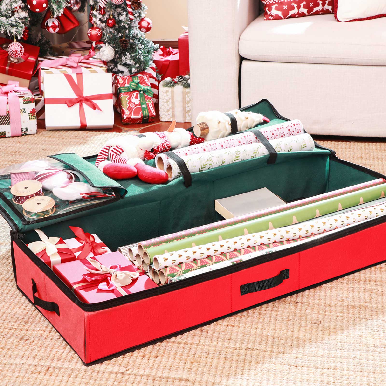 Underbed Storage Bag - Fabric - Green and Red - Foldable with Divider and Dustproof Zipper
