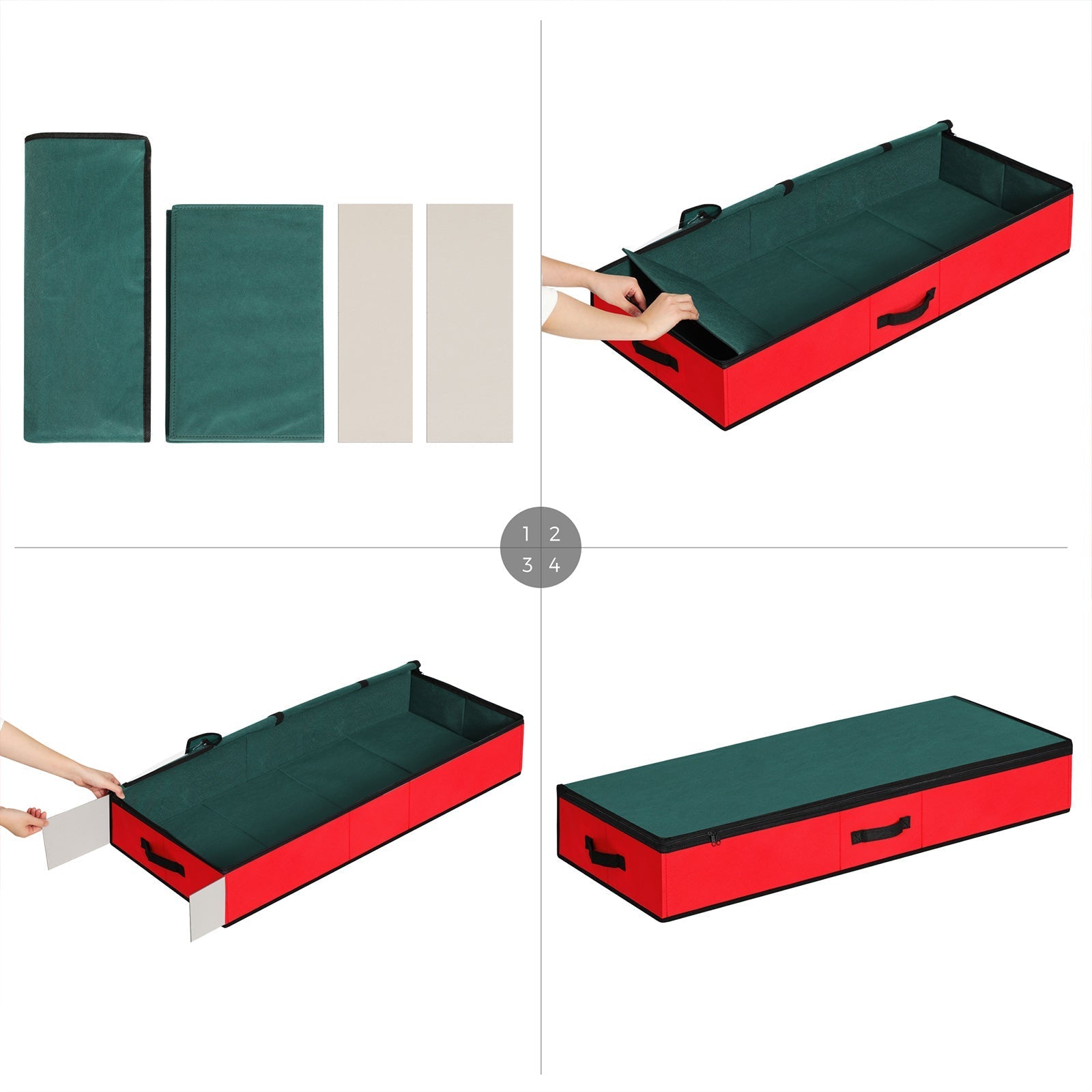 Underbed Storage Bag - Fabric - Green and Red - Foldable with Divider and Dustproof Zipper
