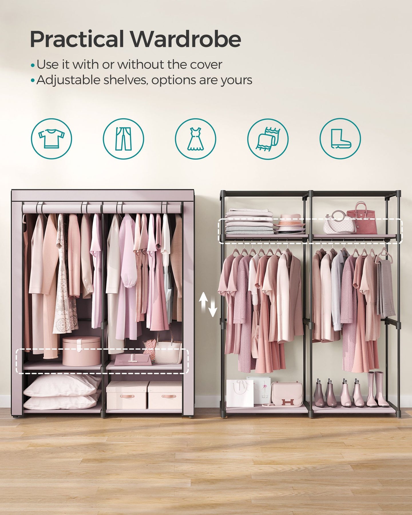 Collapsible Portable Wardrobe - With 2 Clothes Rails - Fabric - Grey