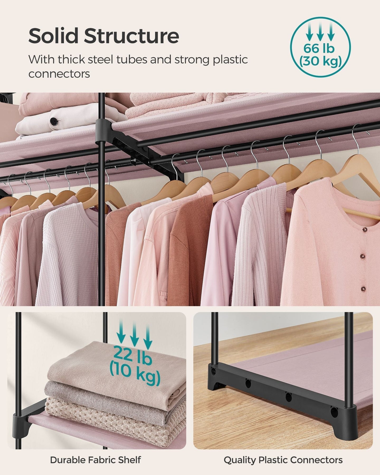 Collapsible Portable Wardrobe - With 2 Clothes Rails - Fabric - Grey