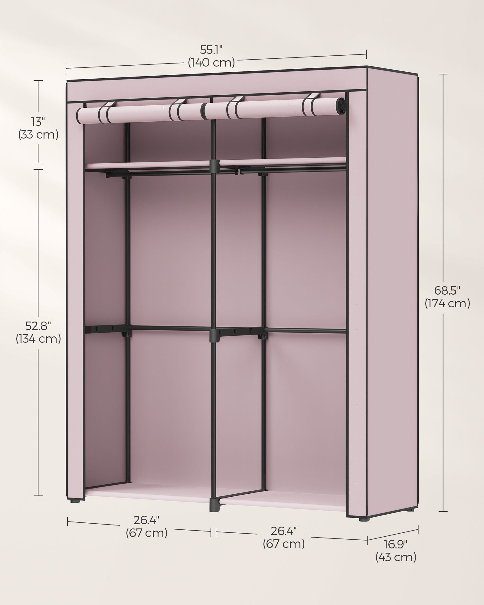 Collapsible Portable Wardrobe - With 2 Clothes Rails - Fabric - Grey