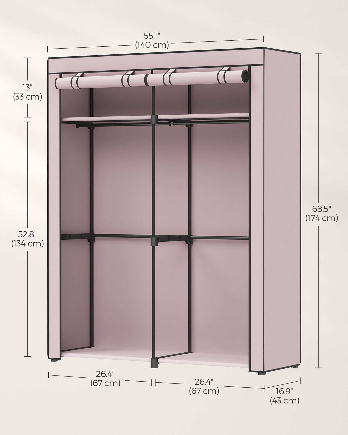 Collapsible Portable Wardrobe - With 2 Clothes Rails - Fabric - Grey