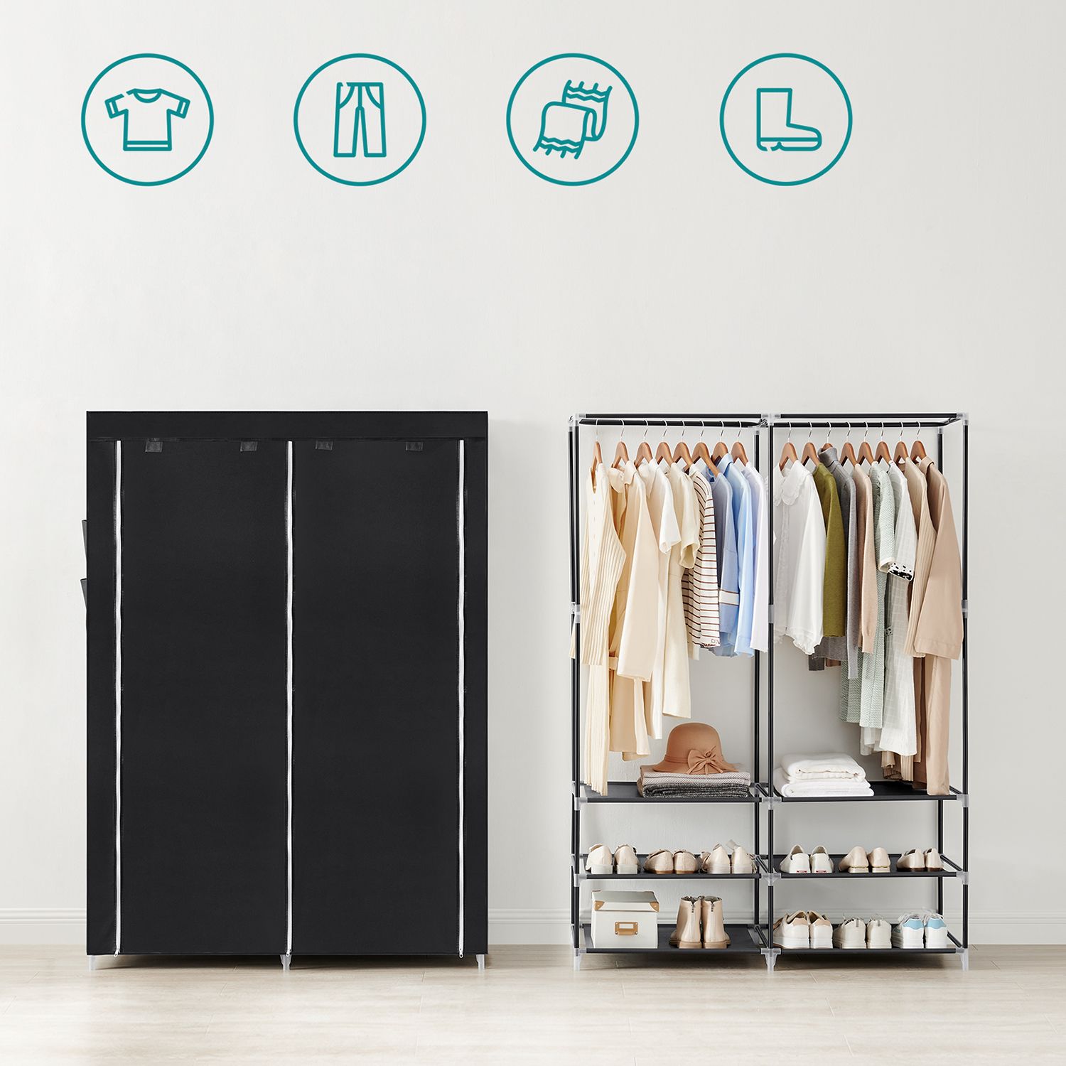 Portable Wardrobe - Fabric - Black - Large Capacity with 2 Hanging Rails and Shelves