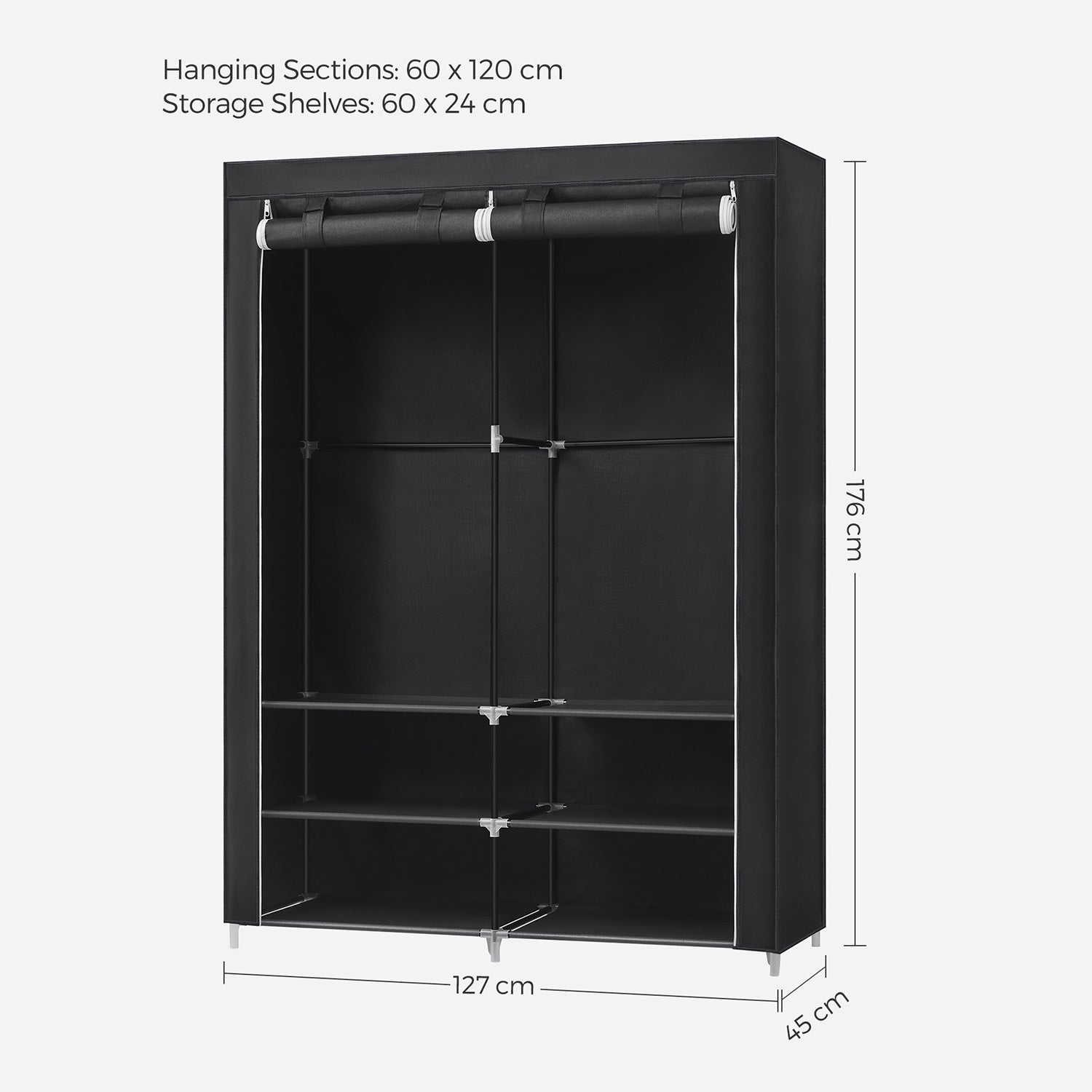 Portable Wardrobe - Fabric - Black - Large Capacity with 2 Hanging Rails and Shelves