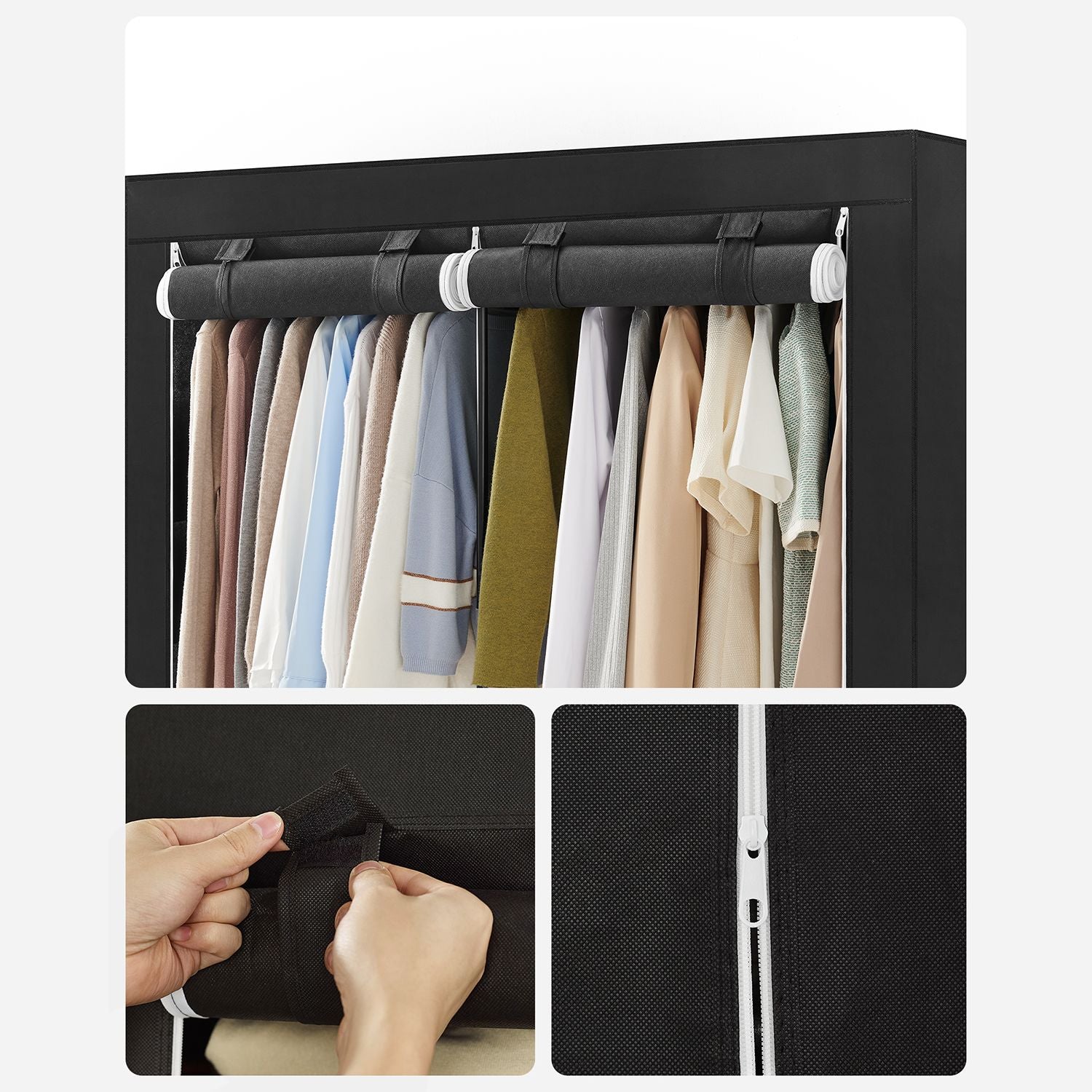 Portable Wardrobe - Fabric - Black - Large Capacity with 2 Hanging Rails and Shelves