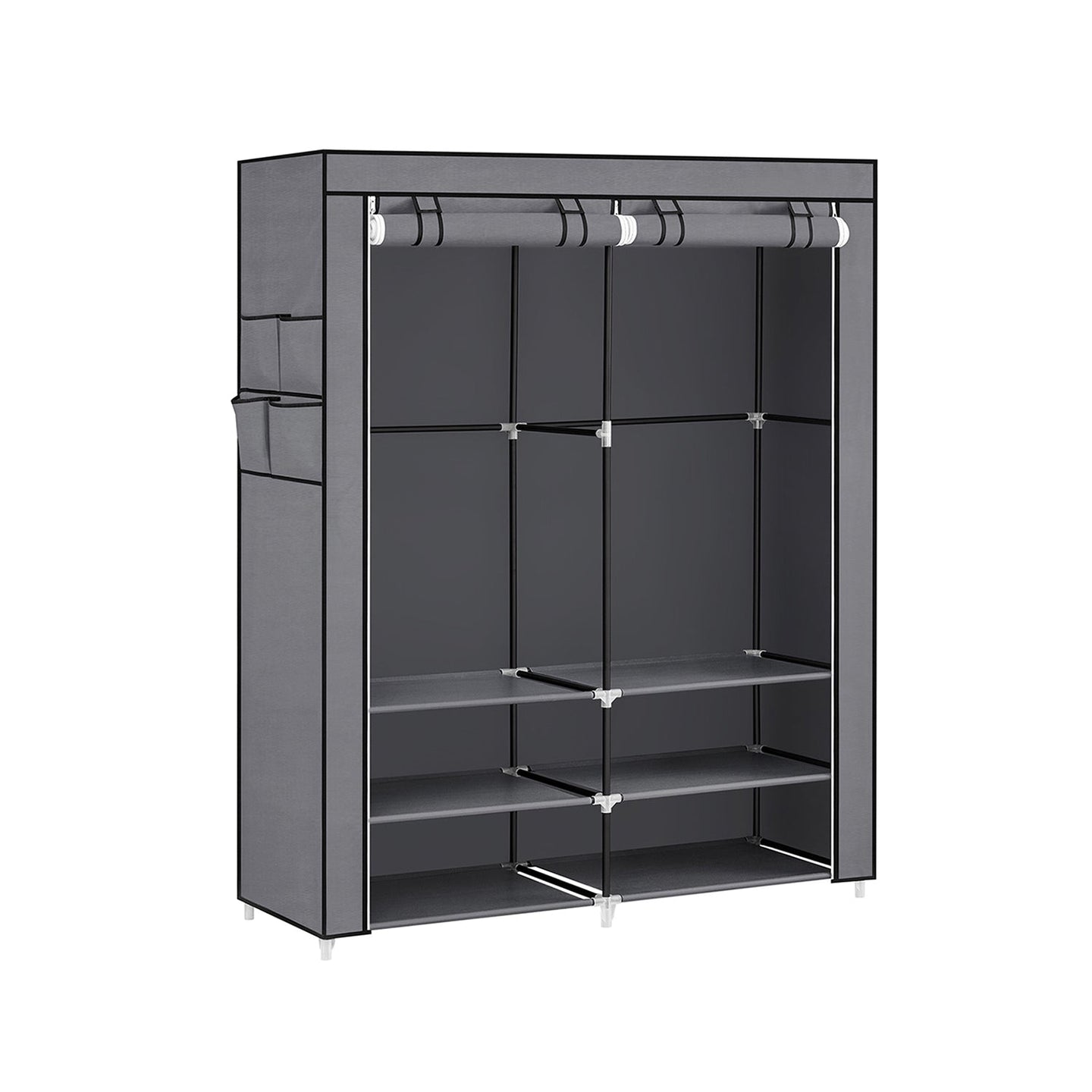 Portable Clothes Wardrobe - Fabric - Grey - Large Capacity with 2 Hanging Rails and 4 Side Pockets