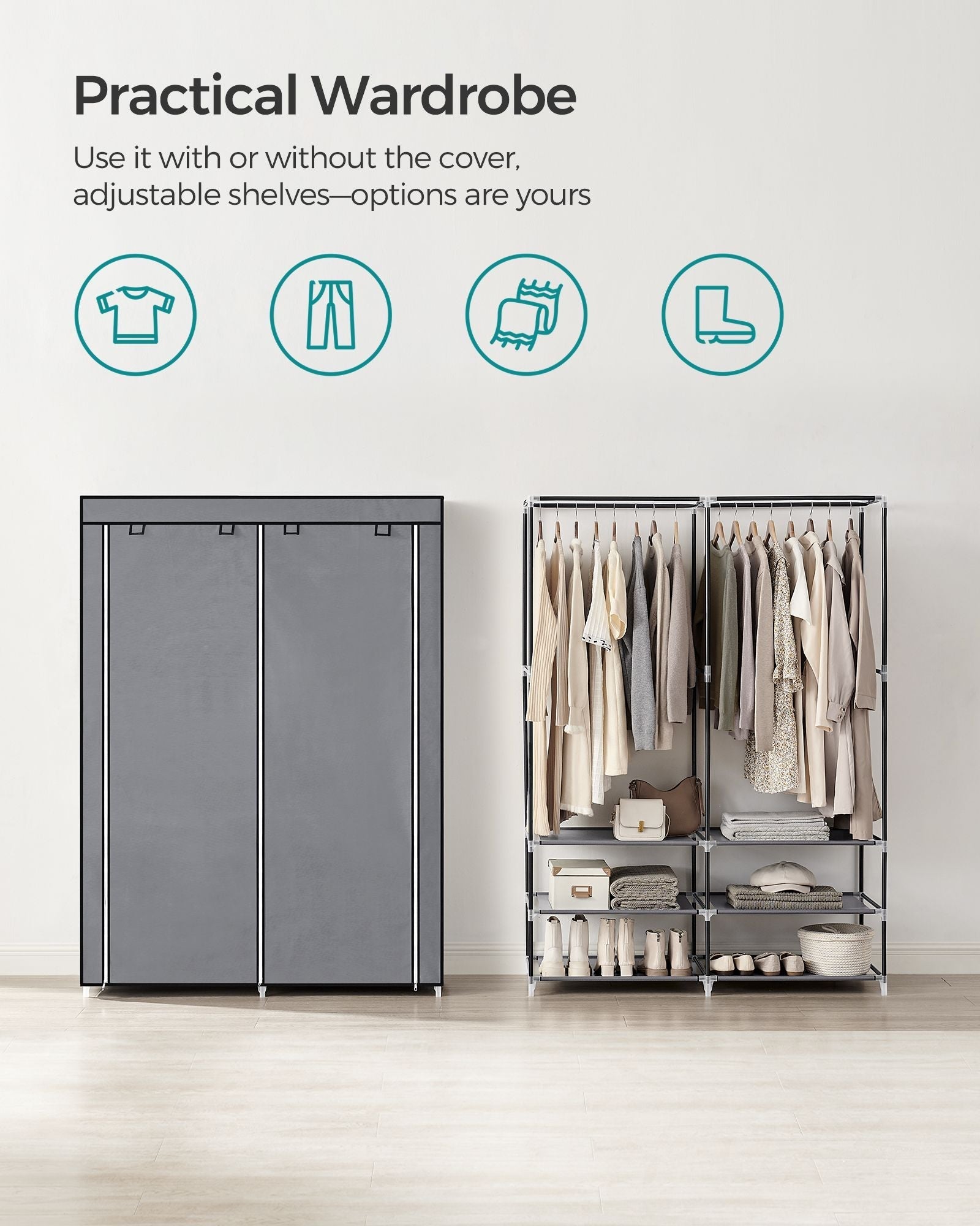 Portable Clothes Wardrobe - Fabric - Grey - Large Capacity with 2 Hanging Rails and 4 Side Pockets