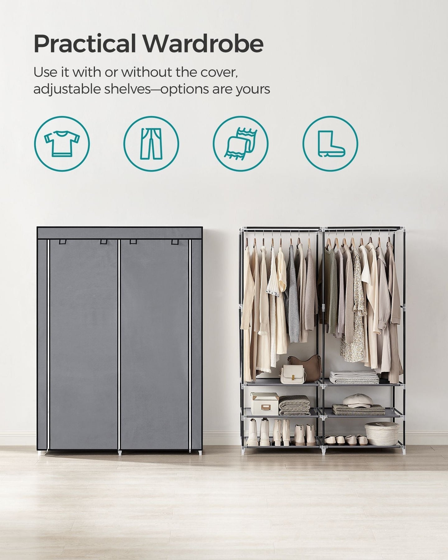 Portable Clothes Wardrobe - Fabric - Grey - Large Capacity with 2 Hanging Rails and 4 Side Pockets