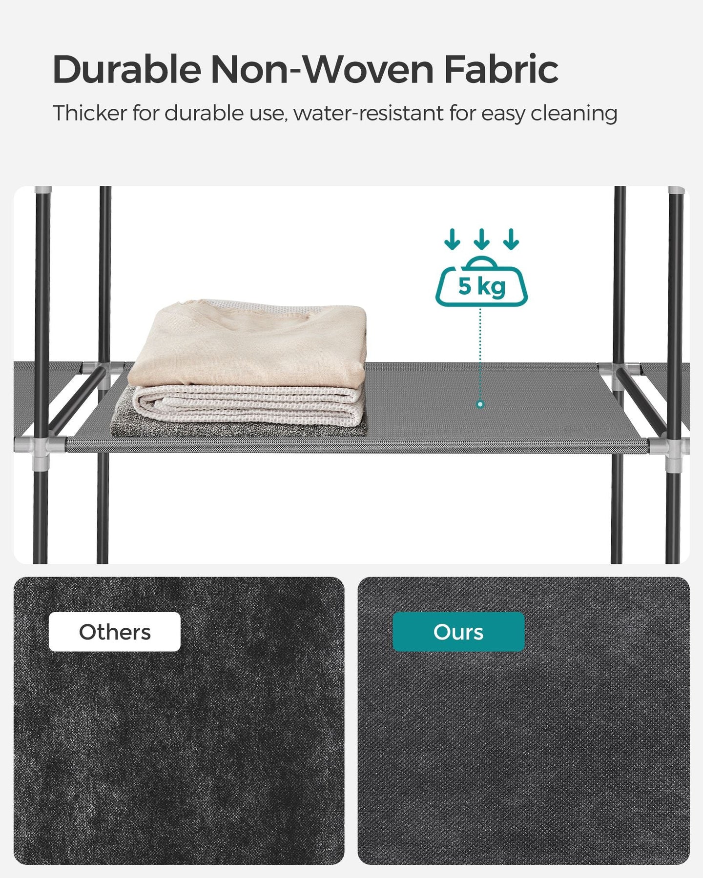 Portable Clothes Wardrobe - Fabric - Grey - Large Capacity with 2 Hanging Rails and 4 Side Pockets