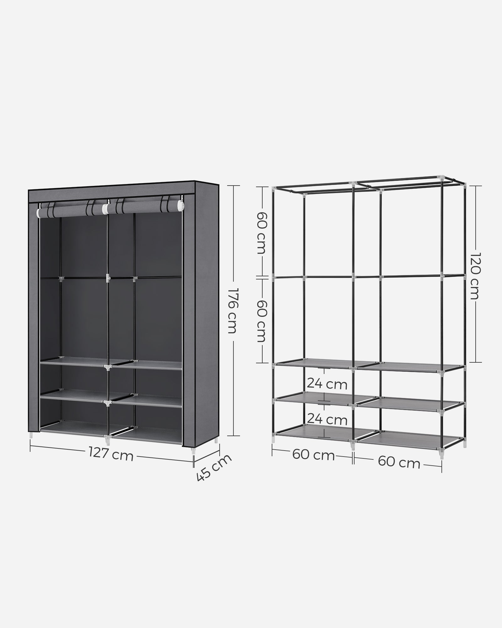 Portable Clothes Wardrobe - Fabric - Grey - Large Capacity with 2 Hanging Rails and 4 Side Pockets