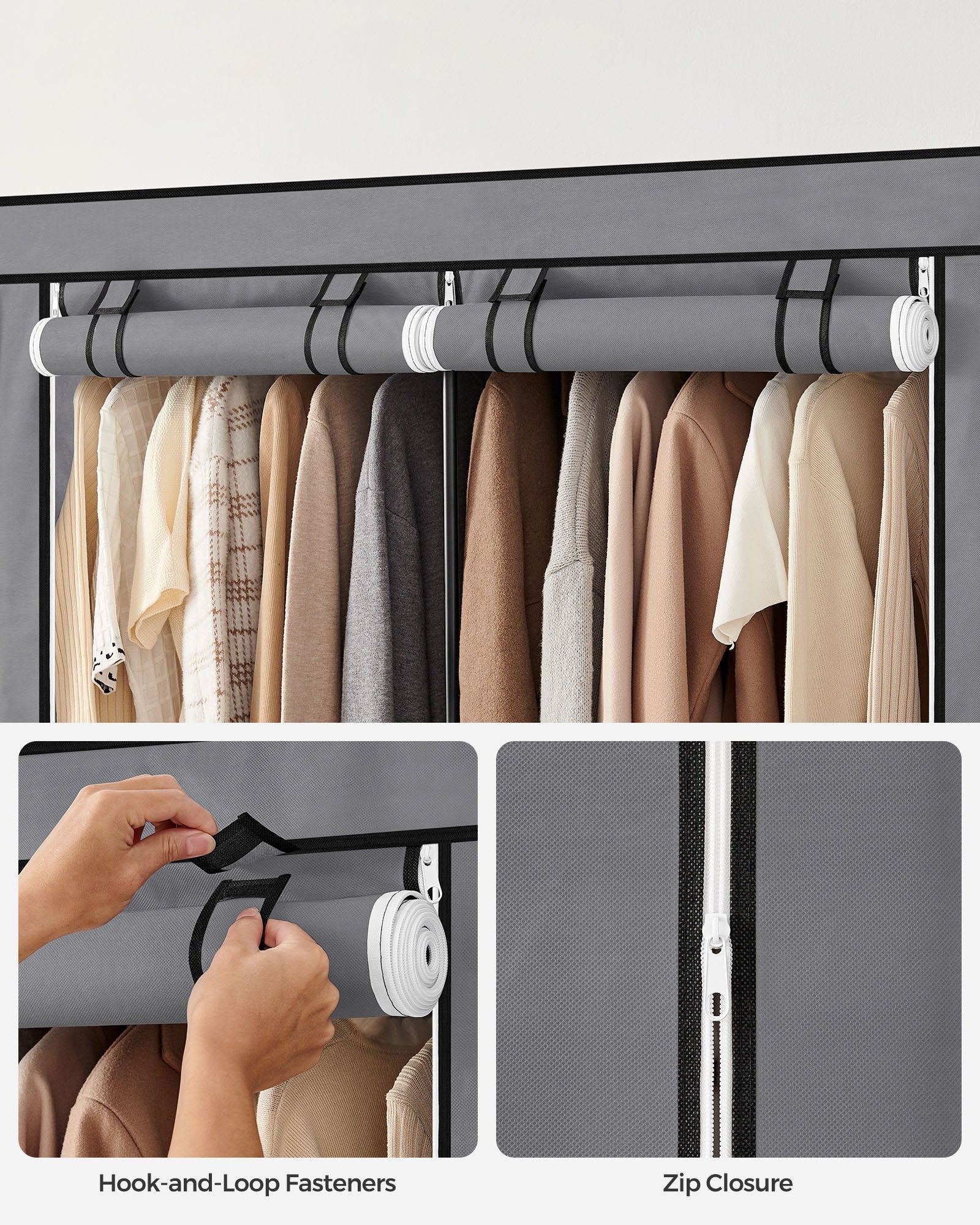 Portable Clothes Wardrobe - Fabric - Grey - Large Capacity with 2 Hanging Rails and 4 Side Pockets