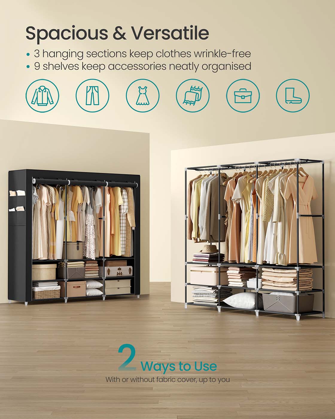 Clothes Wardrobe - Fabric - Black - Large Capacity with 3 Hanging Rails and Shelves