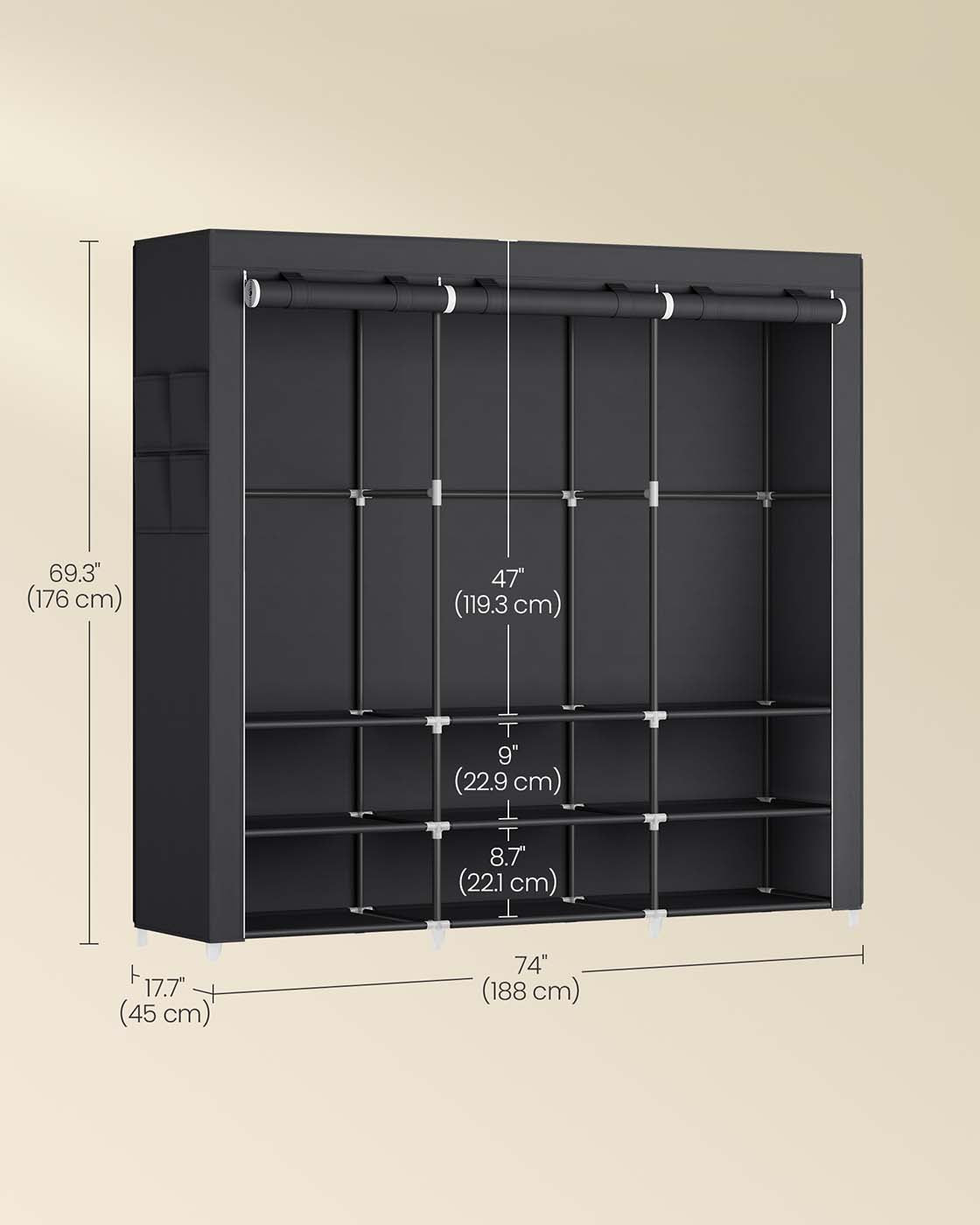 Clothes Wardrobe - Fabric - Black - Large Capacity with 3 Hanging Rails and Shelves