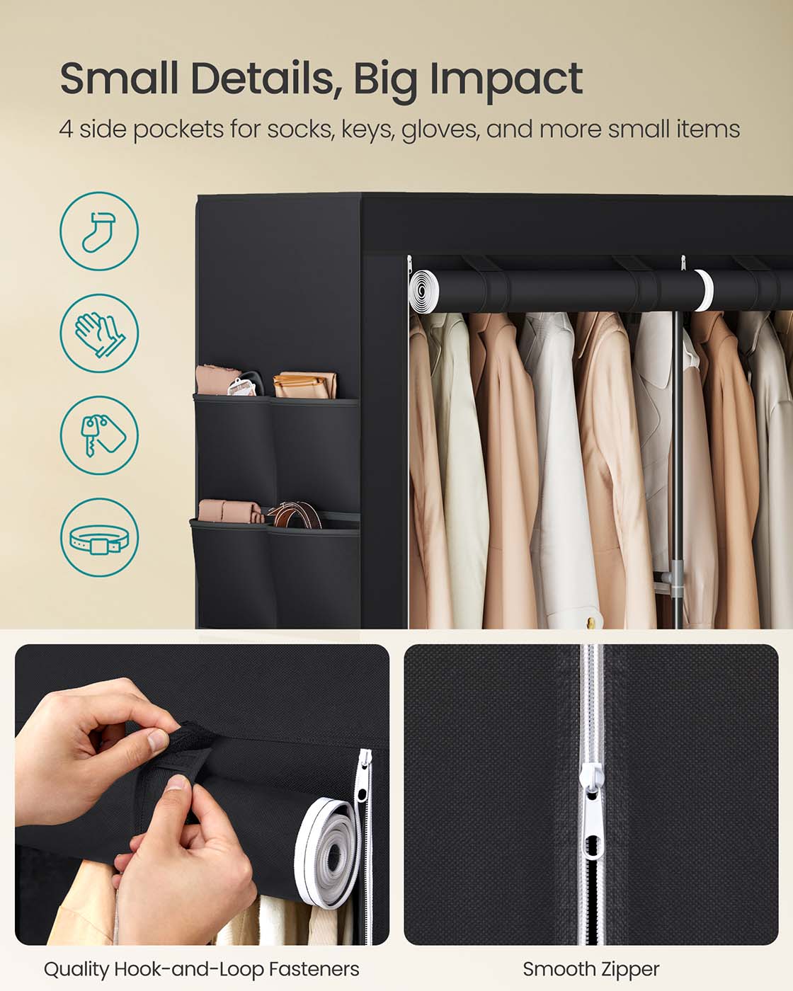 Clothes Wardrobe - Fabric - Black - Large Capacity with 3 Hanging Rails and Shelves