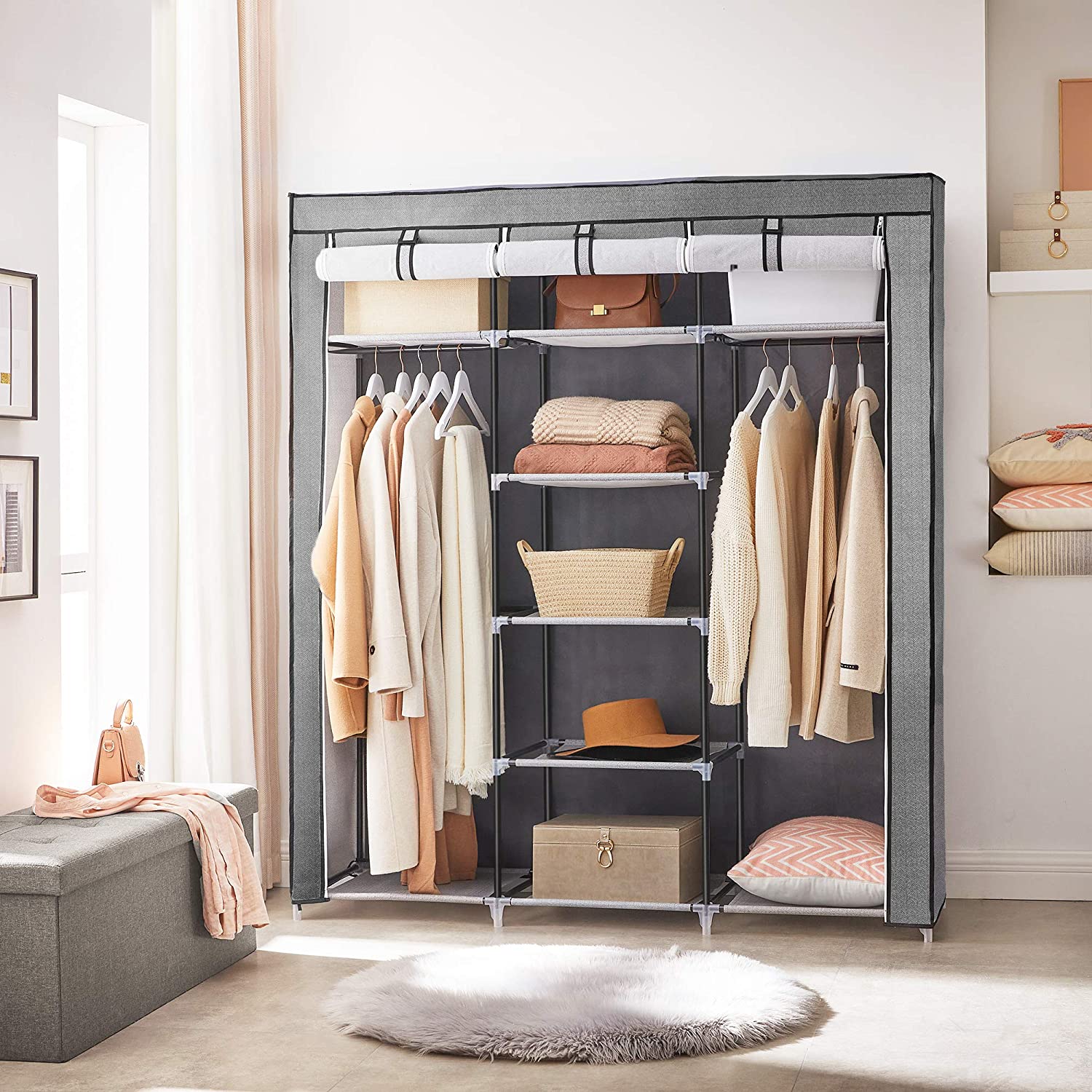 Portable Closet - Non-Woven Fabric - Grey - Large with Herringbone Pattern and Shelves