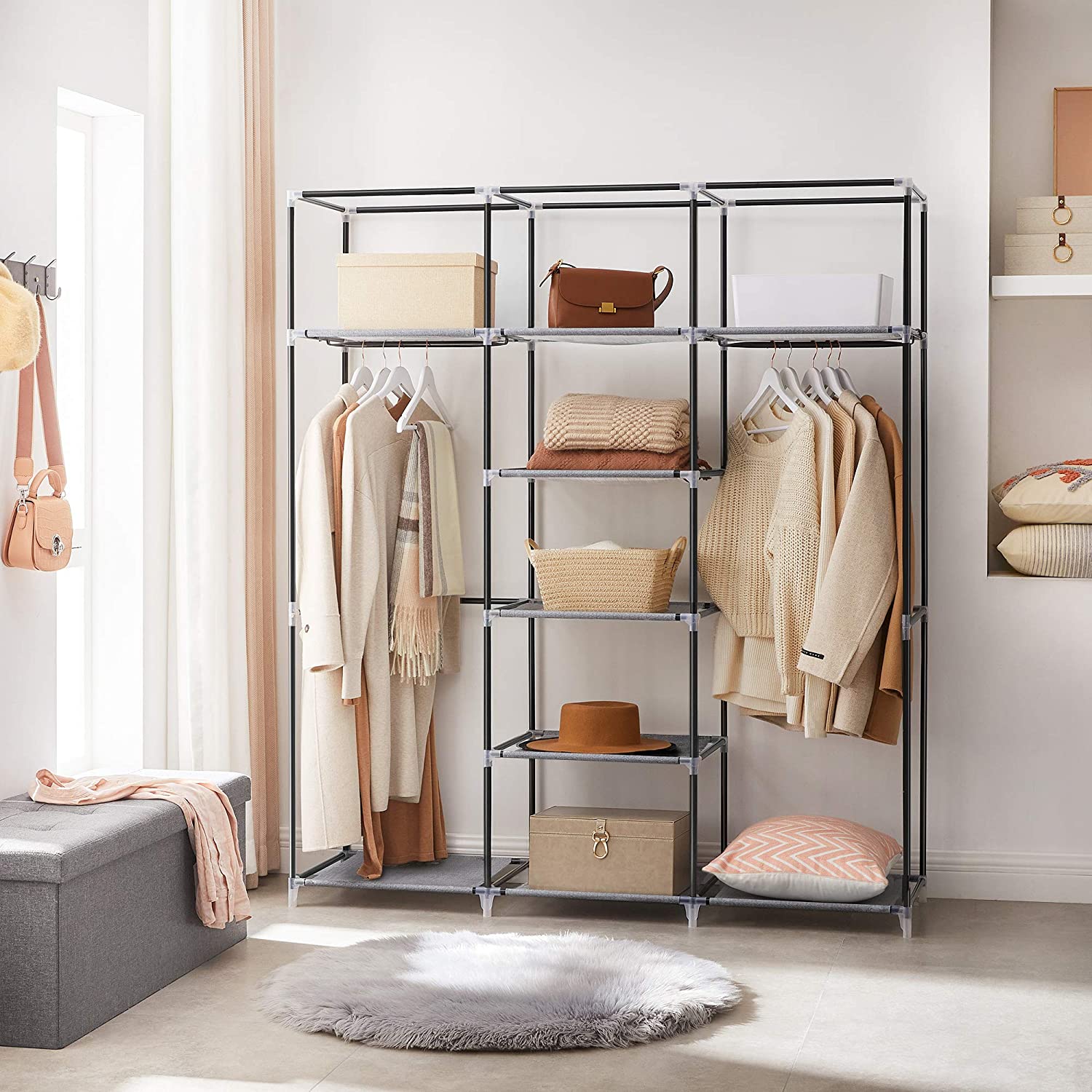 Portable Closet - Non-Woven Fabric - Grey - Large with Herringbone Pattern and Shelves