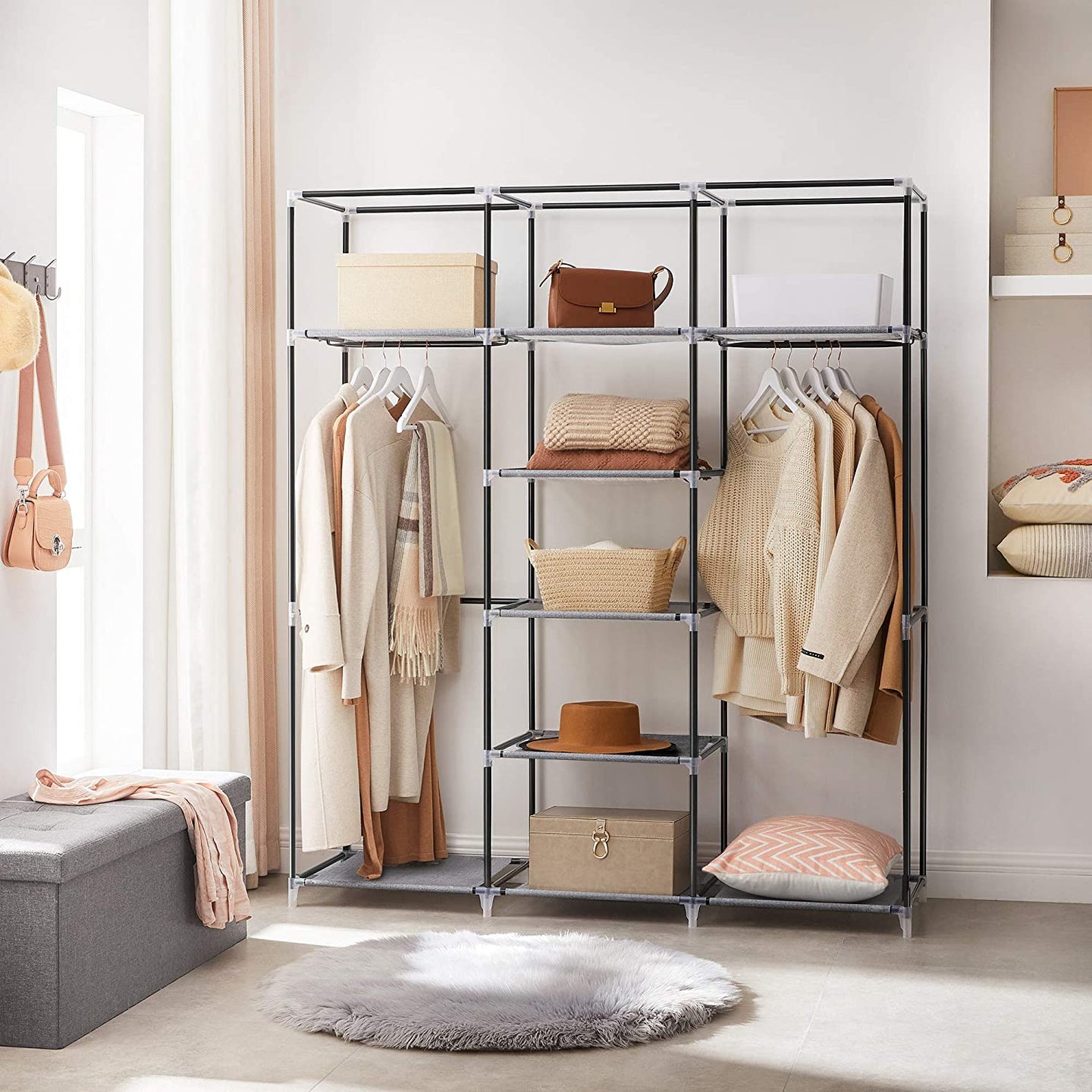 Portable Closet - Non-Woven Fabric - Grey - Large with Herringbone Pattern and Shelves