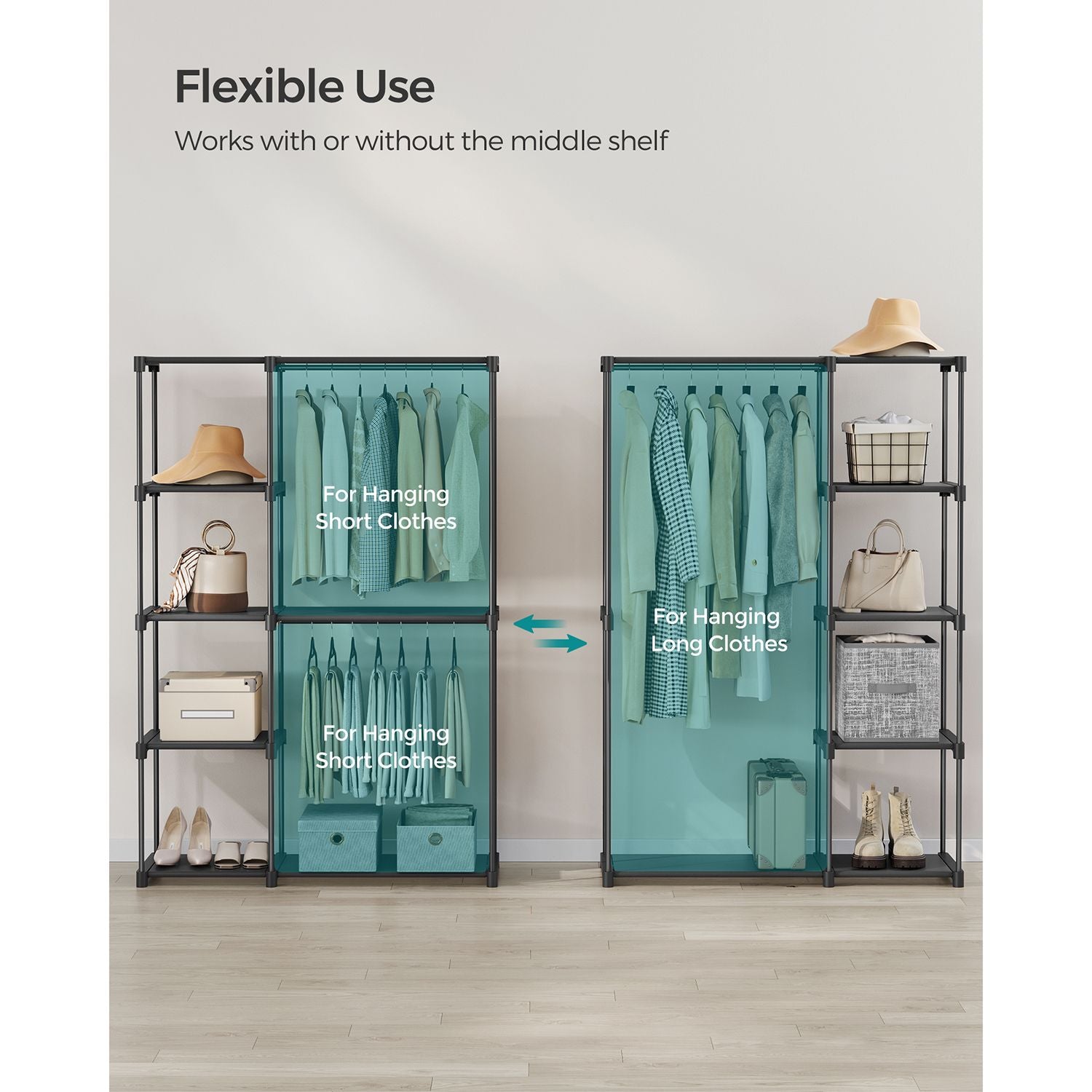 Foldable Wardrobe - Fabric - Black - Freestanding with Clothes Rails