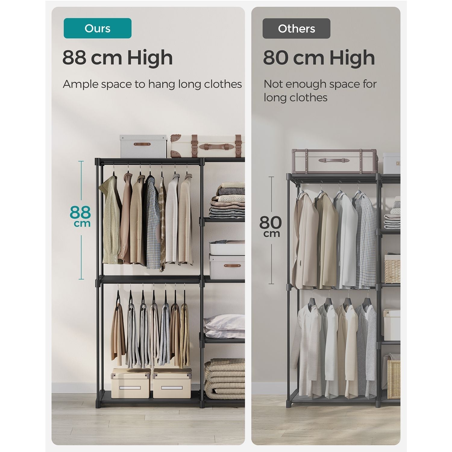 Foldable Wardrobe - Fabric - Black - Freestanding with Clothes Rails