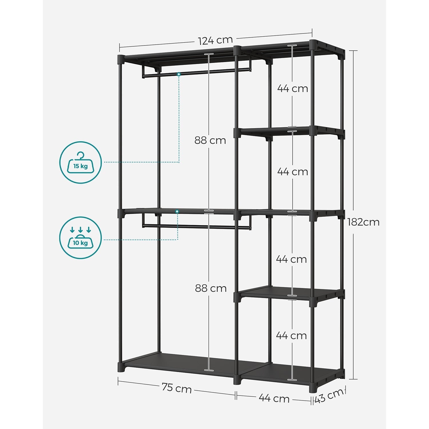Foldable Wardrobe - Fabric - Black - Freestanding with Clothes Rails