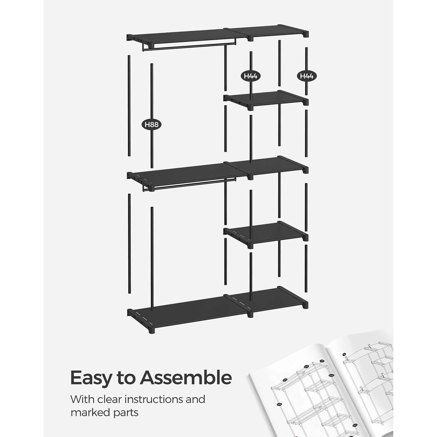 Foldable Wardrobe - Fabric - Black - Freestanding with Clothes Rails