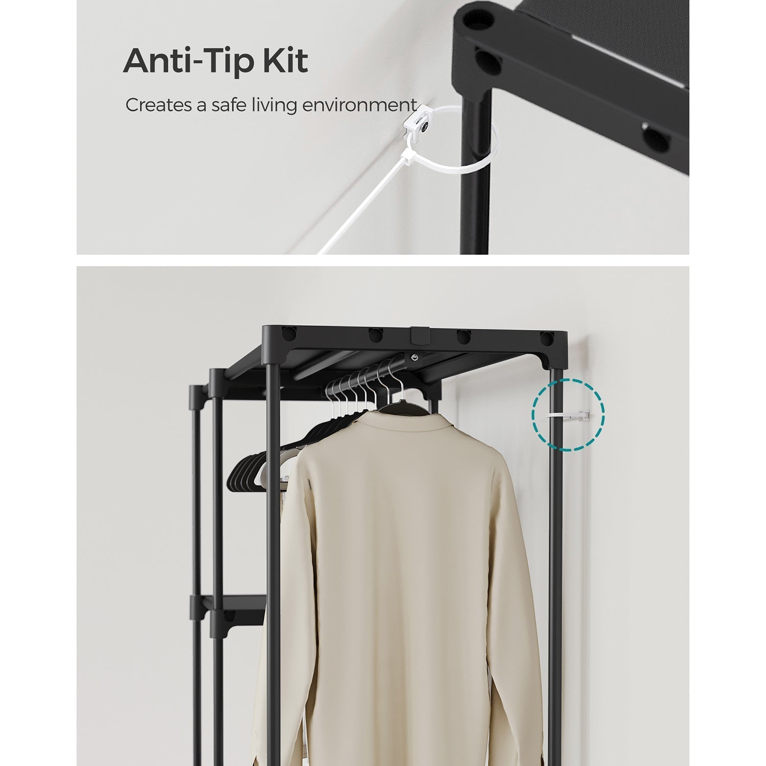 Foldable Wardrobe - Fabric - Black - Freestanding with Clothes Rails
