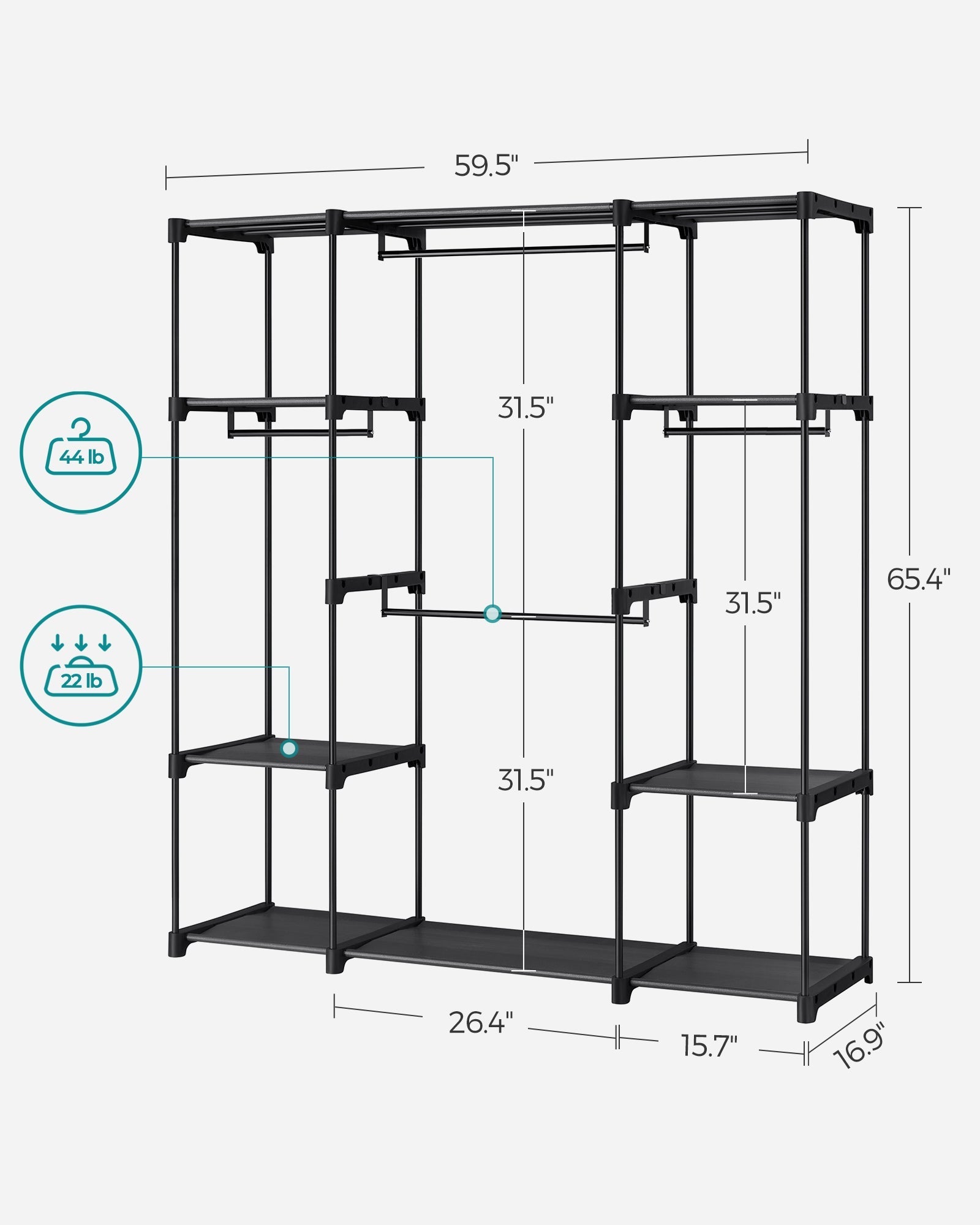 Portable Clothes Wardrobe - Fabric - Ink Black - Large Capacity with Compartments