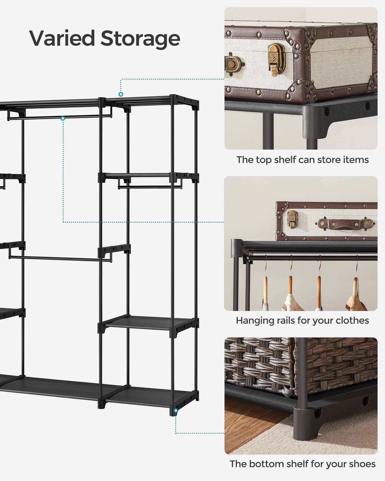 Portable Clothes Wardrobe - Fabric - Ink Black - Large Capacity with Compartments