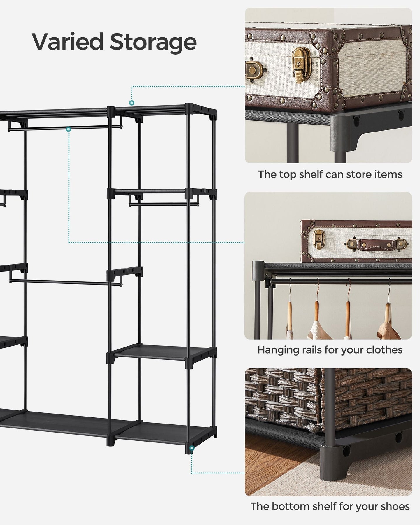 Portable Clothes Wardrobe - Fabric - Ink Black - Large Capacity with Compartments