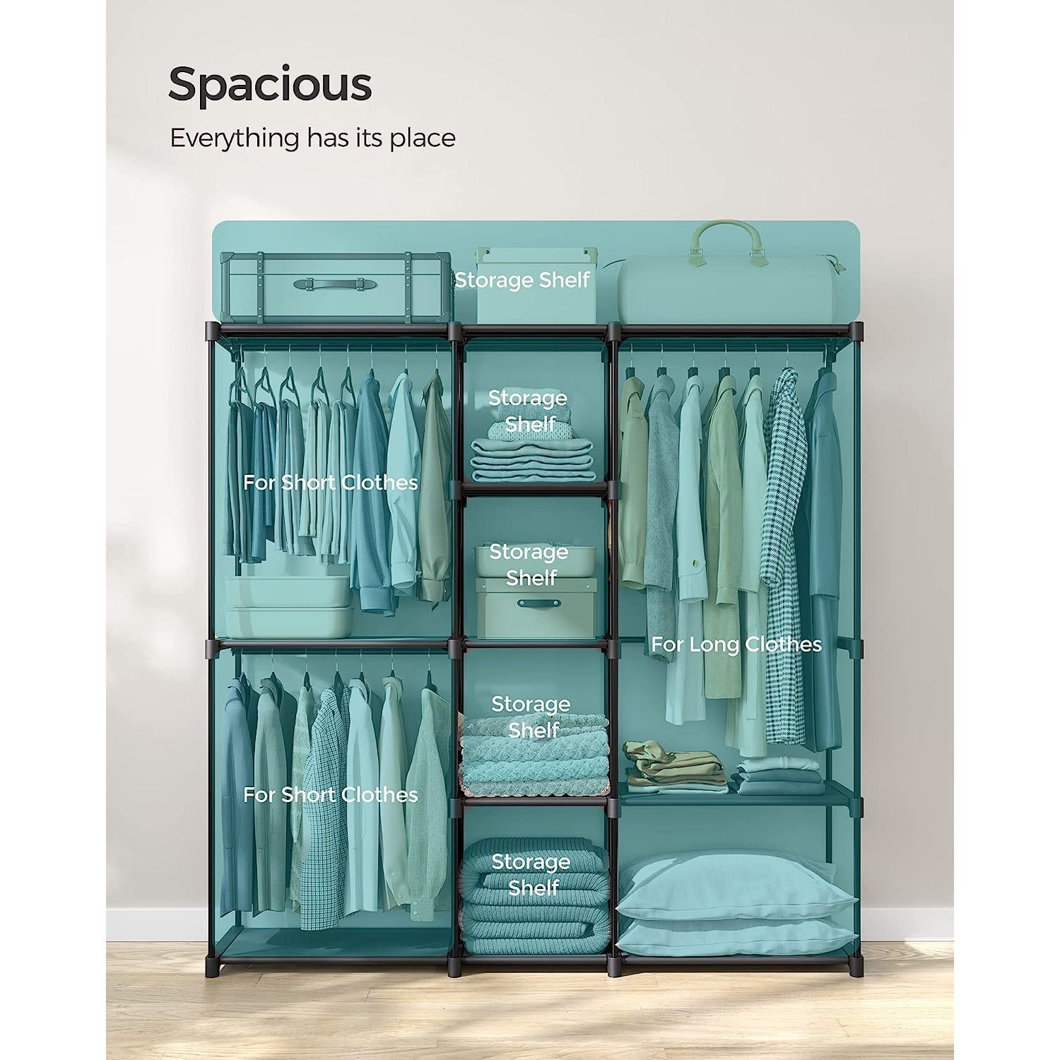Portable Open Wardrobe - Fabric - Black - Freestanding with Clothes Rails and Shelves