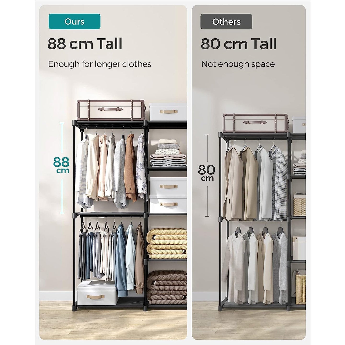 Portable Open Wardrobe - Fabric - Black - Freestanding with Clothes Rails and Shelves