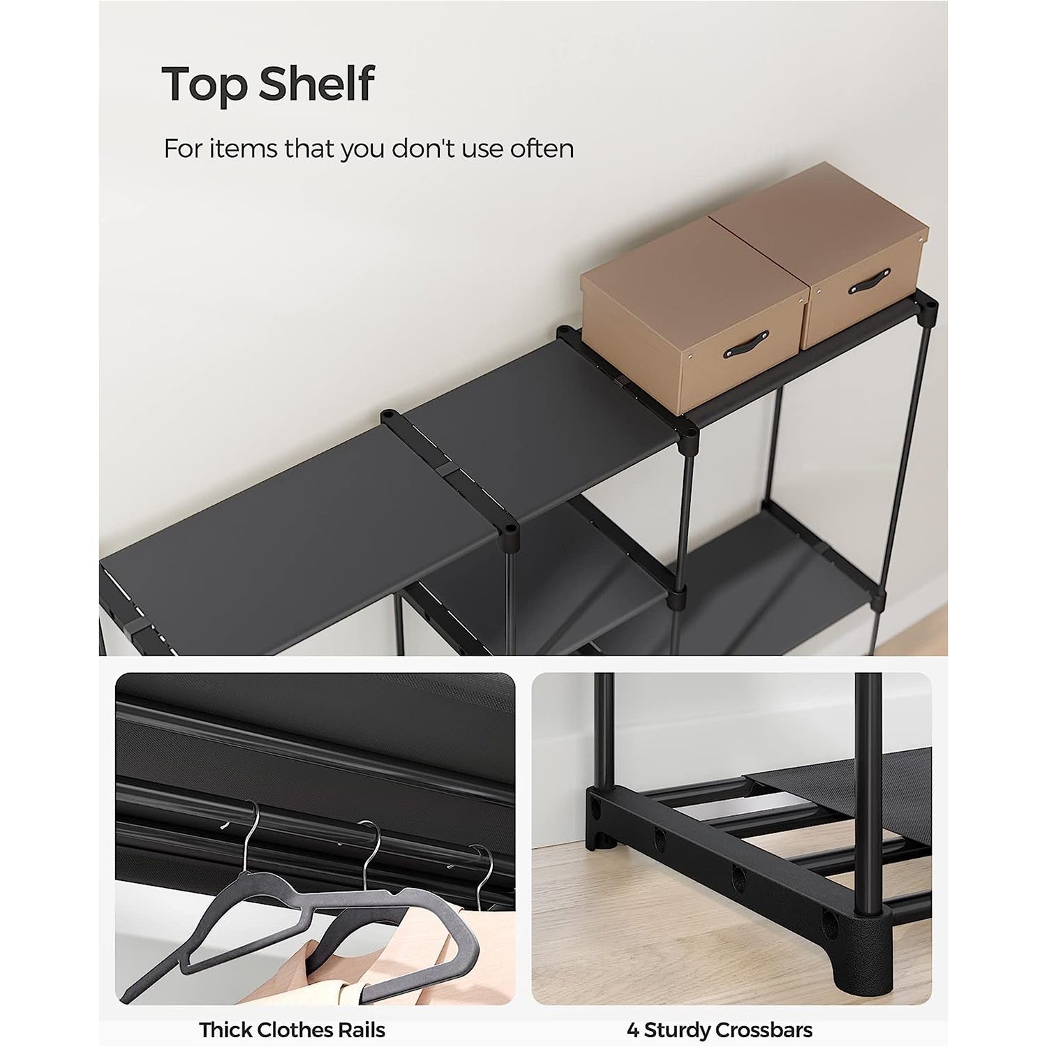 Portable Open Wardrobe - Fabric - Black - Freestanding with Clothes Rails and Shelves