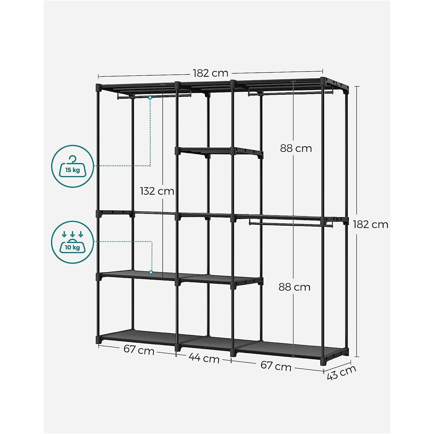 Portable Open Wardrobe - Fabric - Black - Freestanding with Clothes Rails and Shelves
