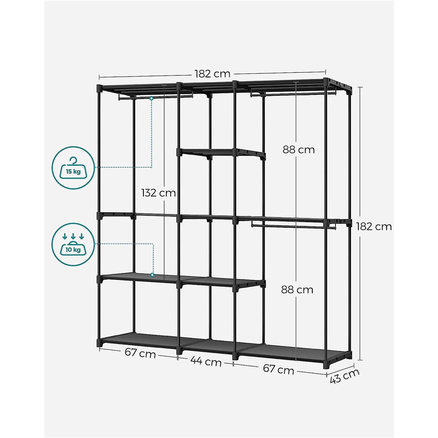 Portable Open Wardrobe - Fabric - Black - Freestanding with Clothes Rails and Shelves