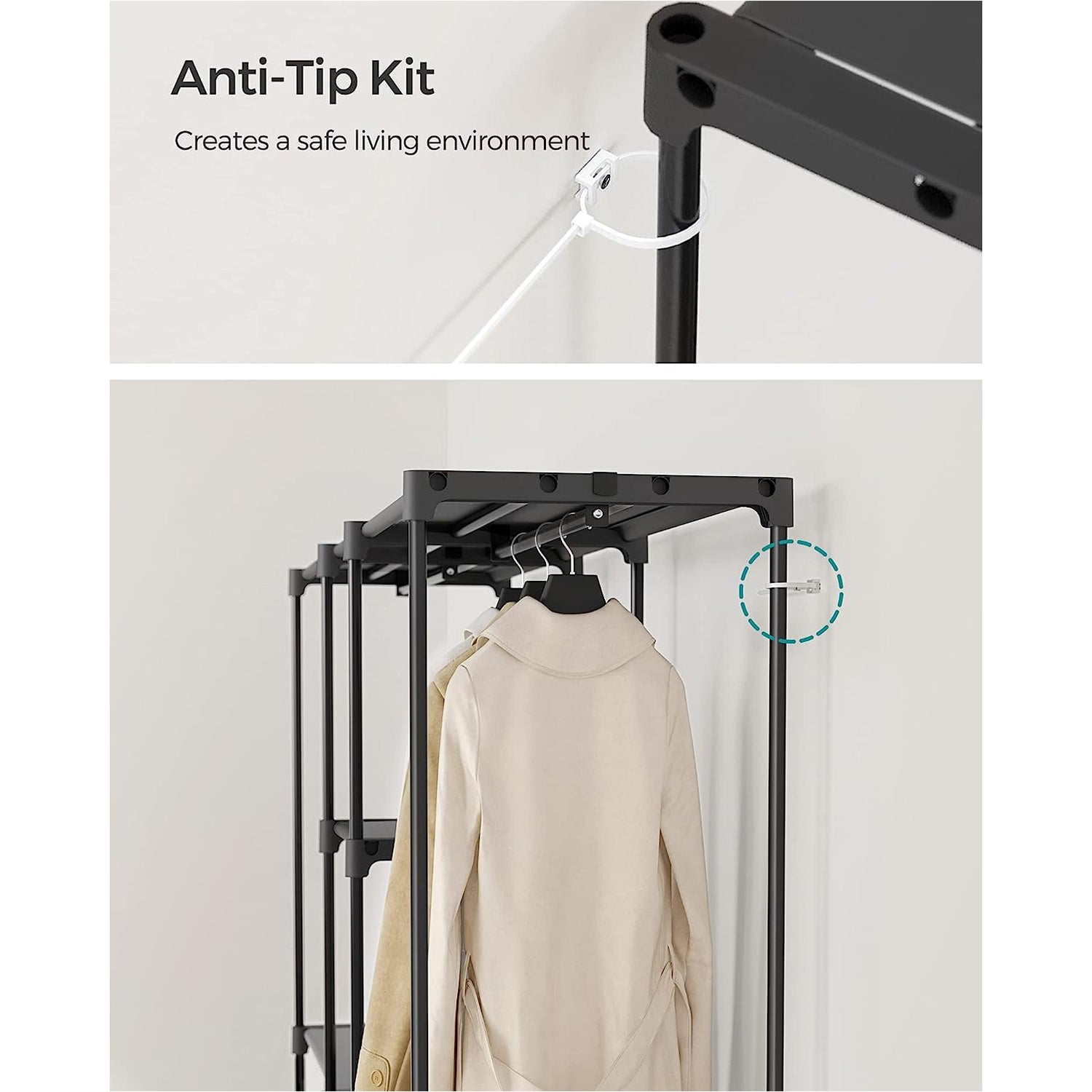 Portable Open Wardrobe - Fabric - Black - Freestanding with Clothes Rails and Shelves