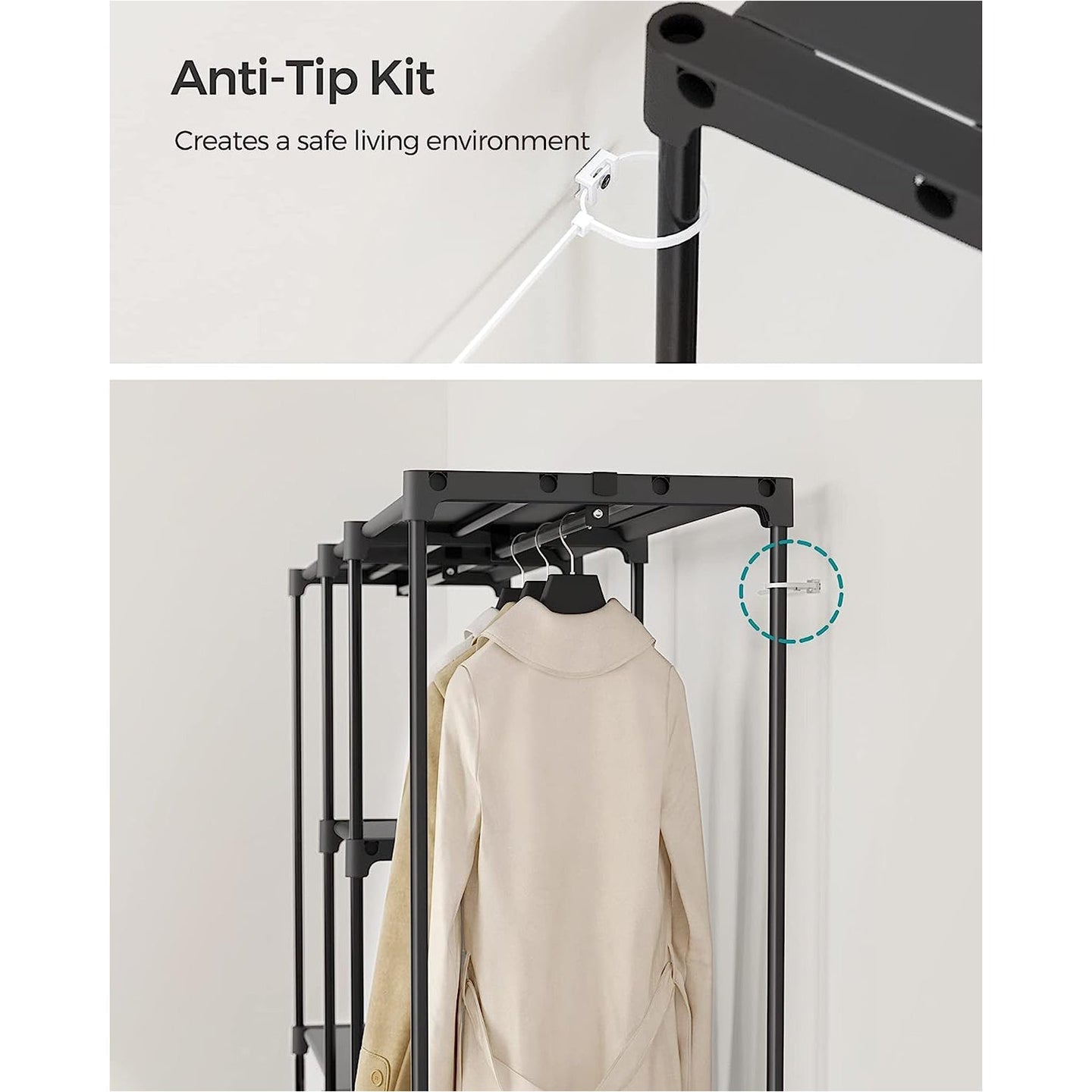 Portable Open Wardrobe - Fabric - Black - Freestanding with Clothes Rails and Shelves