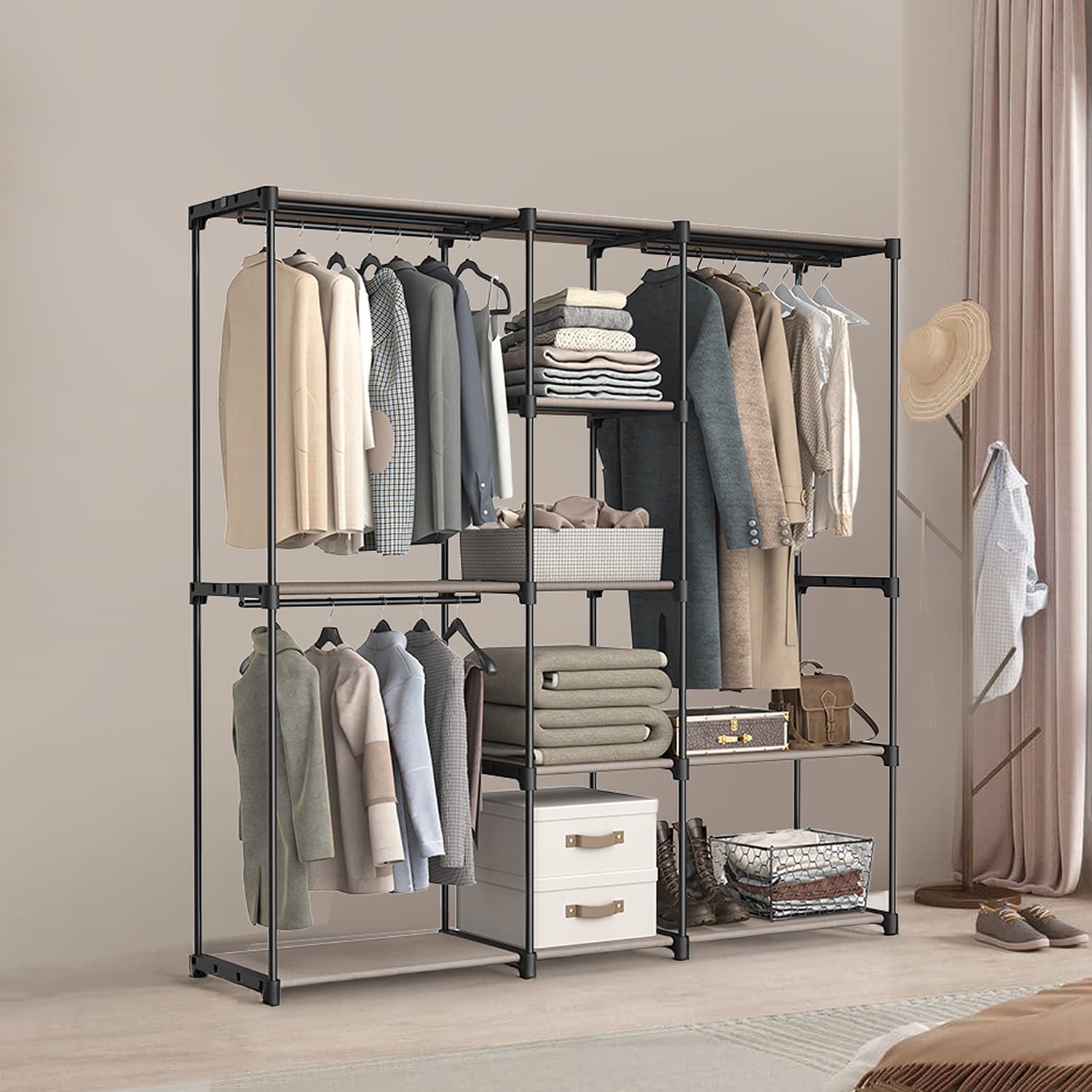 Portable Open Wardrobe - Metal - Black - Freestanding with Clothes Rails and Shelves for Bedroom